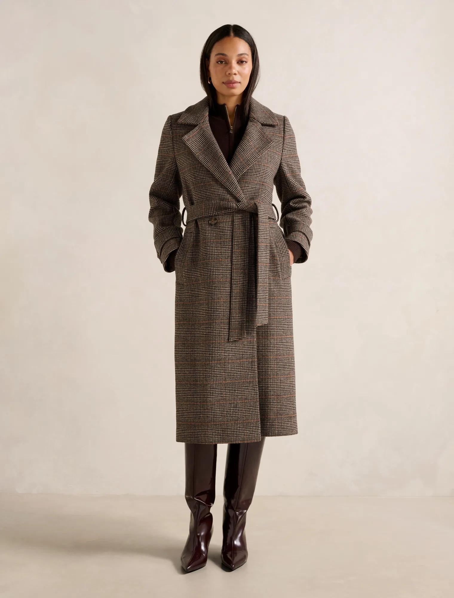 Luccia Belted Check Coat Brown Check Set