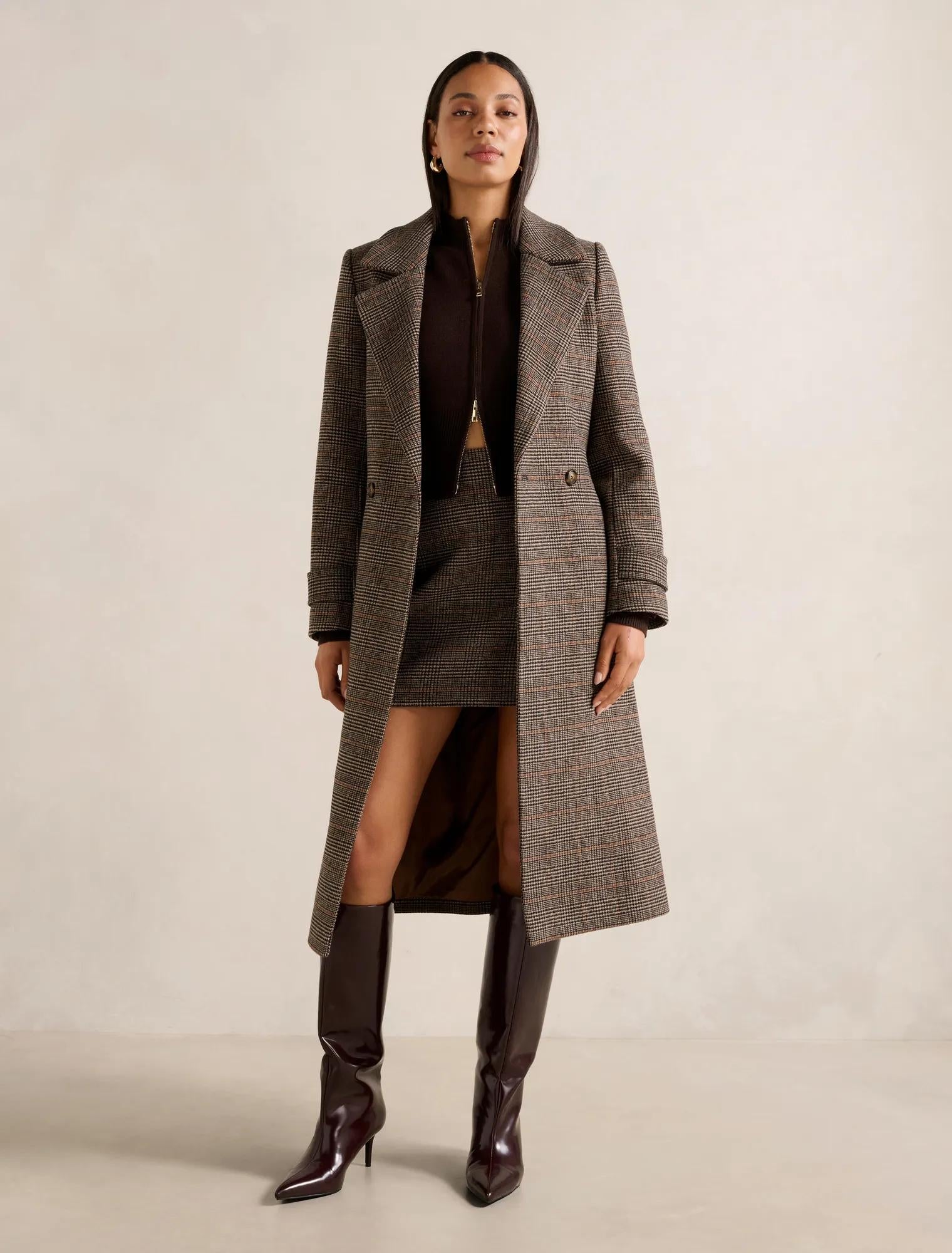Luccia Belted Check Coat Brown Check Set