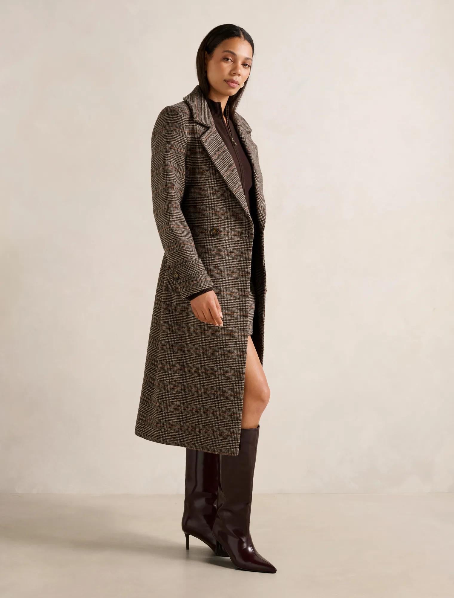 Luccia Belted Check Coat Brown Check Set