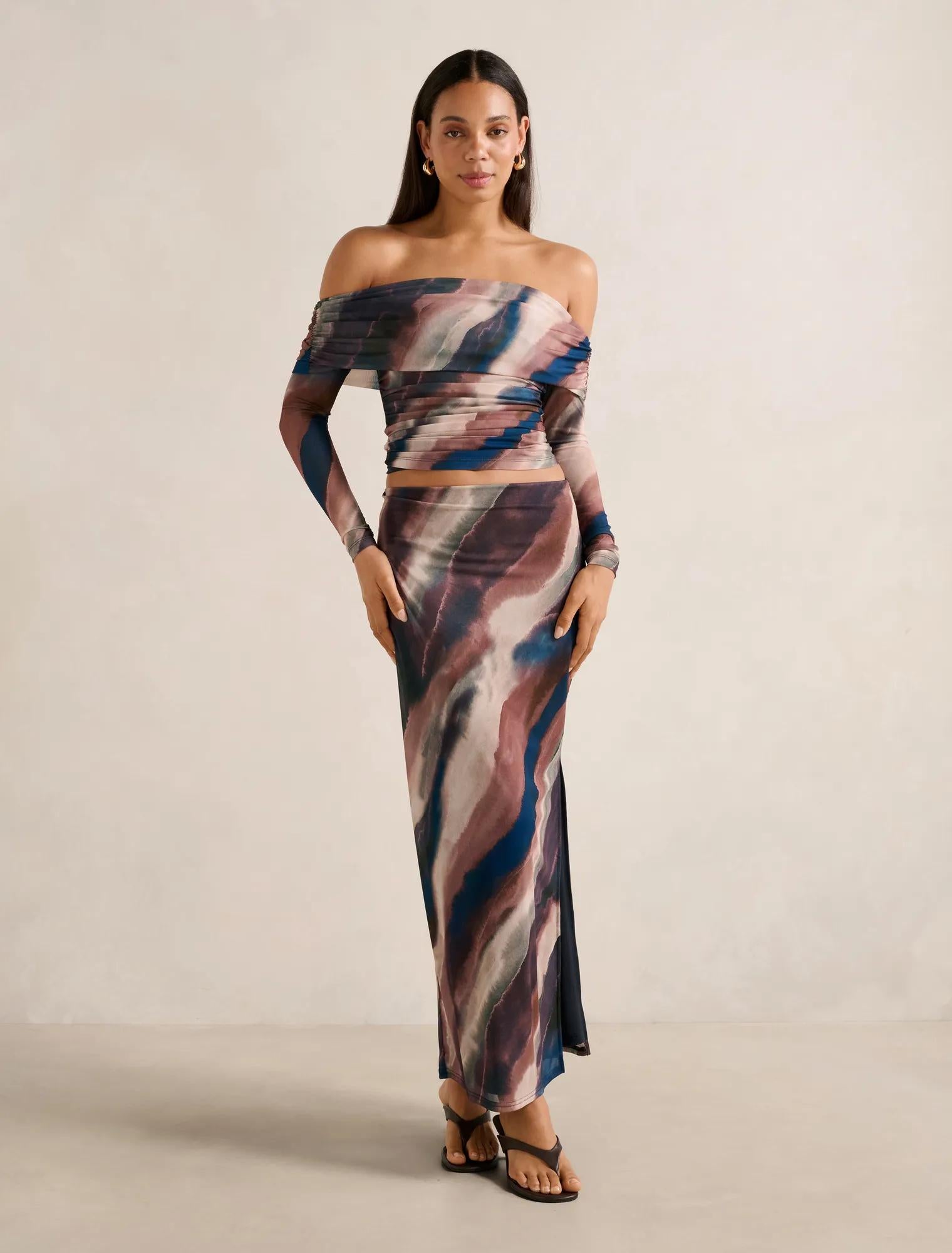 Kaia Ruched Mesh Bardot Top Maren Co-Ord