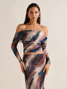 Kaia Ruched Mesh Bardot Top Maren Co-Ord