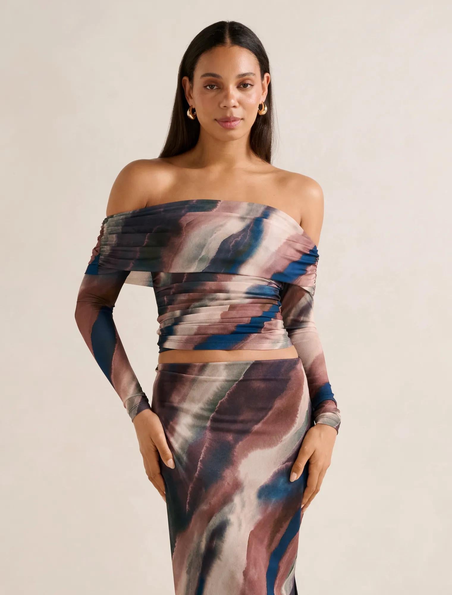 Kaia Ruched Mesh Bardot Top Maren Co-Ord