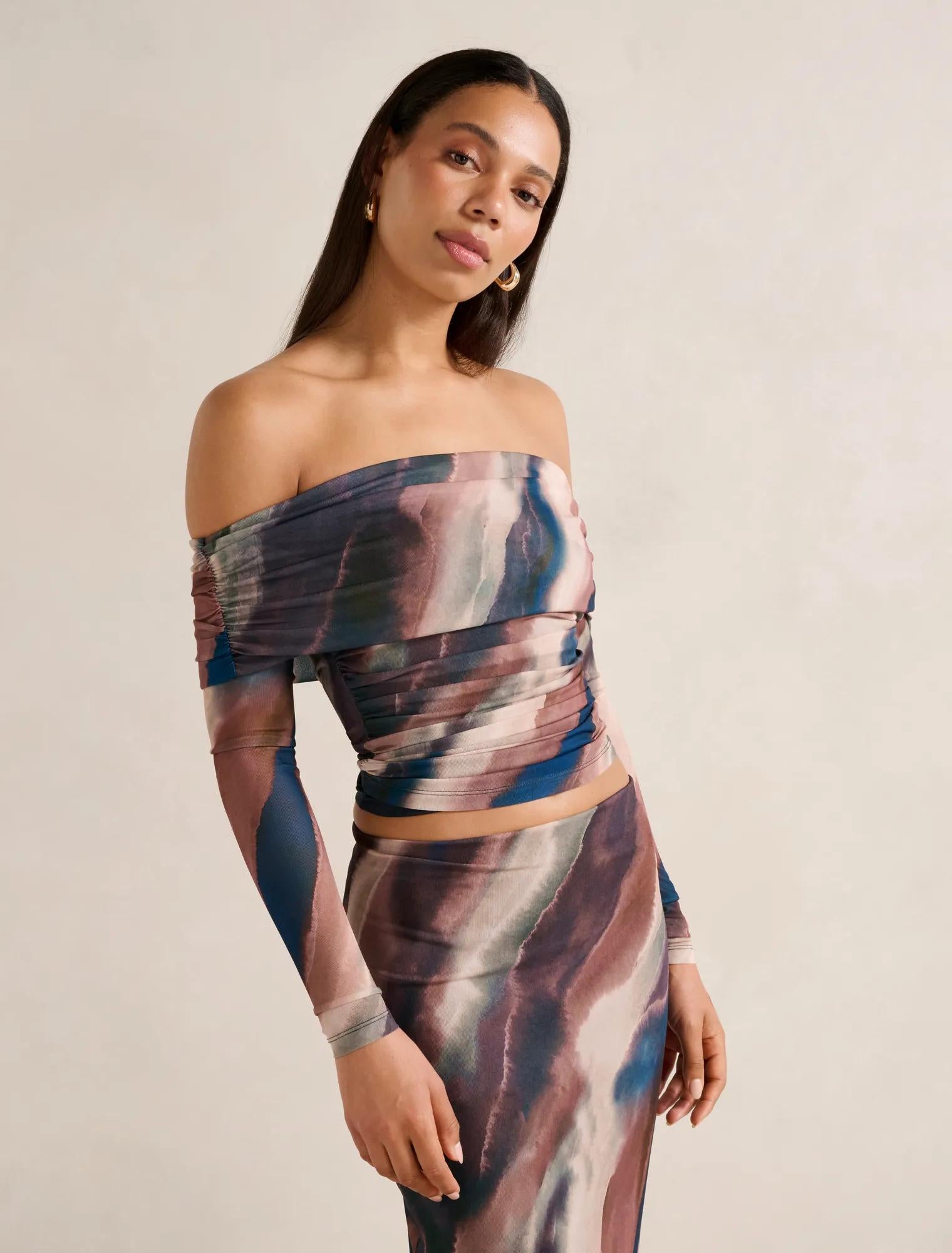 Kaia Ruched Mesh Bardot Top Maren Co-Ord