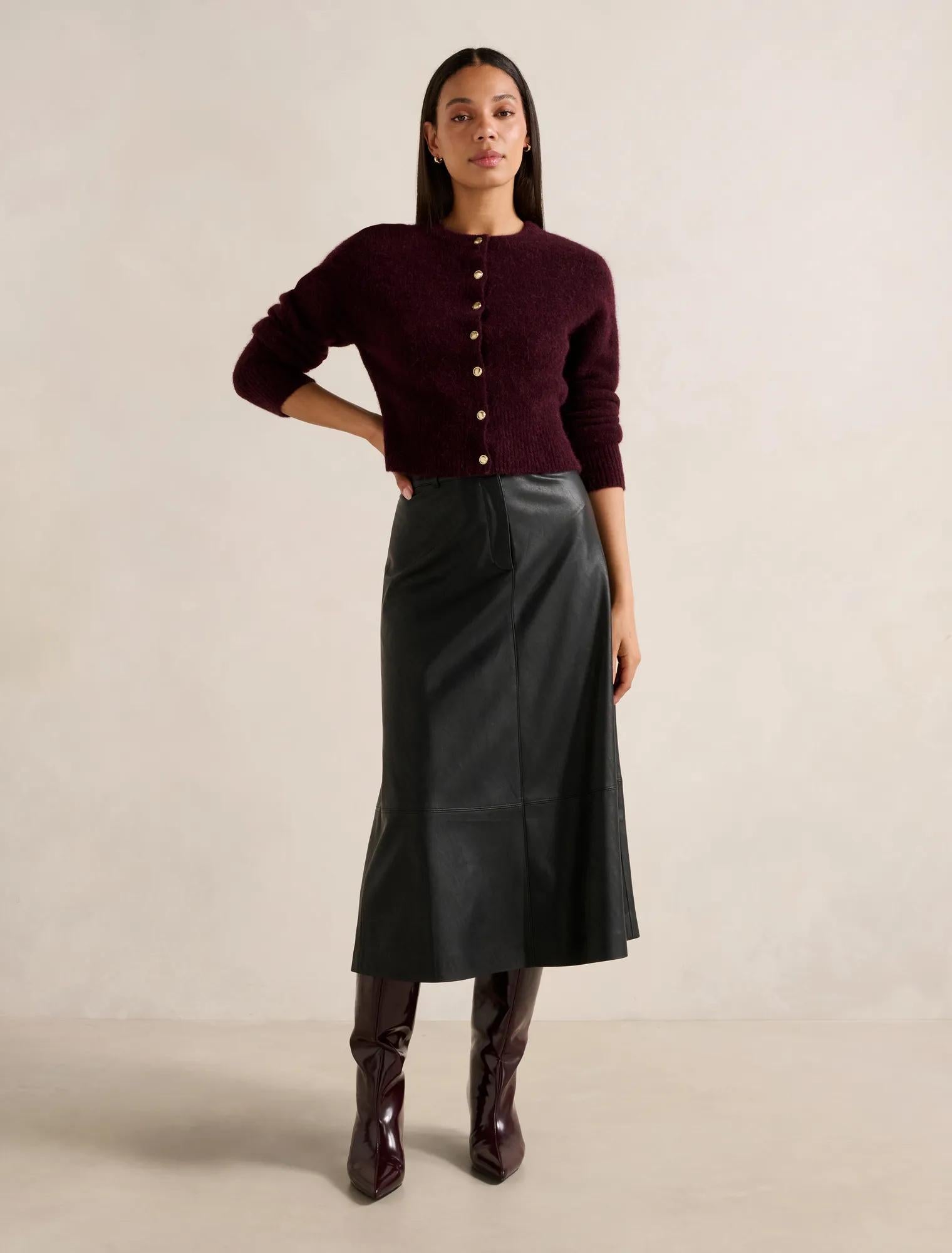 Jaelyn Vegan Leather Midi Skirt Black