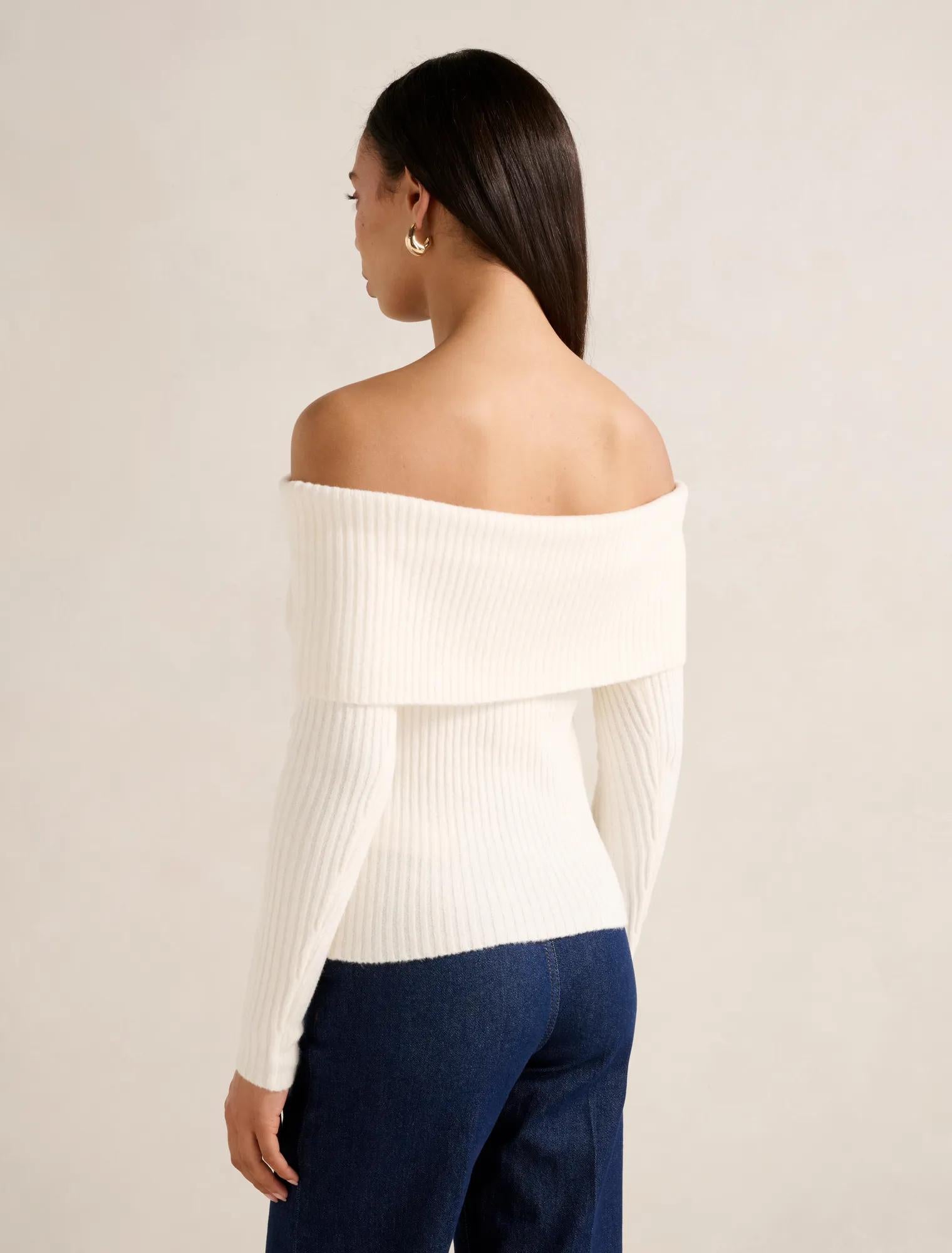 Ashley Ribbed Knit Bardot Top Cream