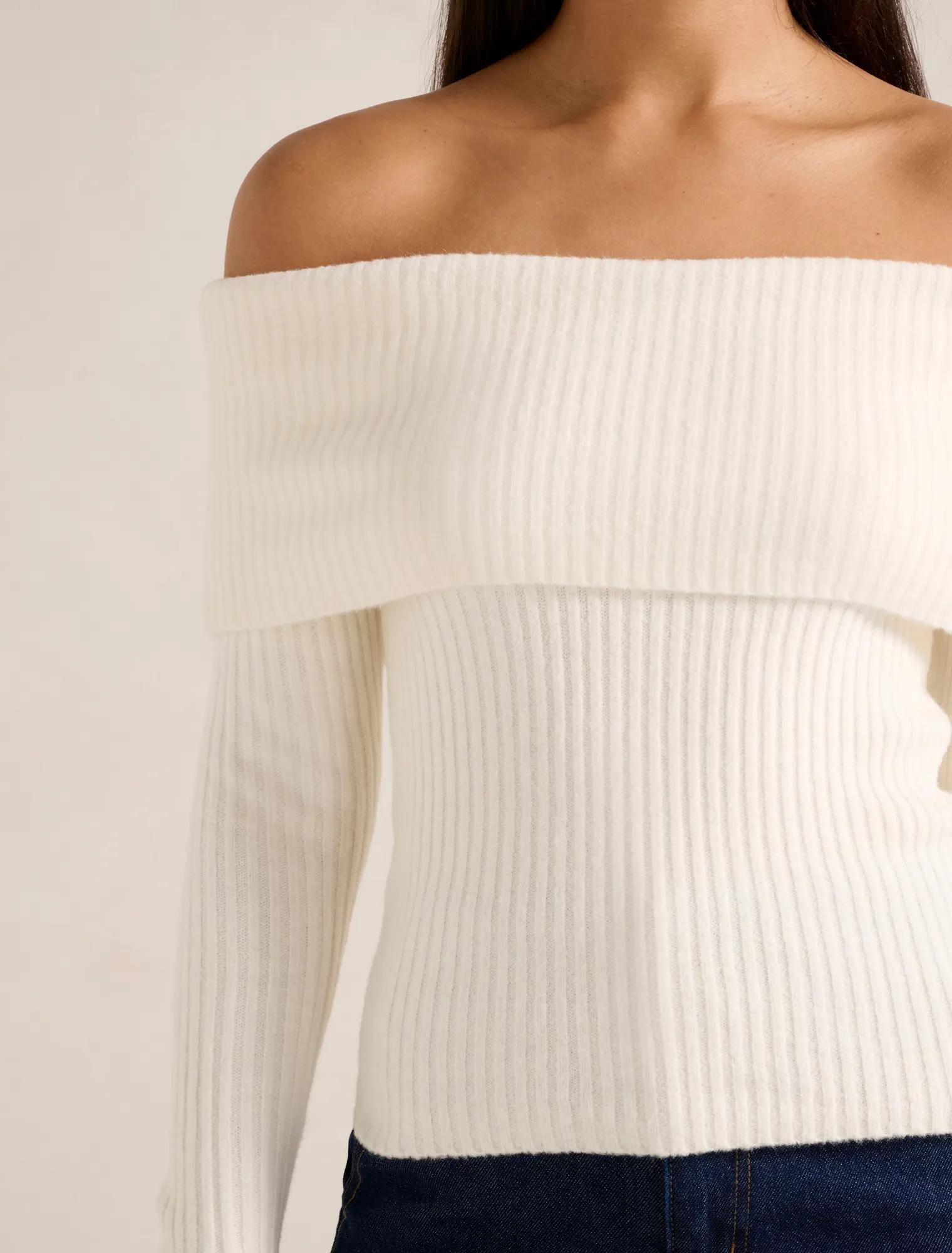Ashley Ribbed Knit Bardot Top Cream