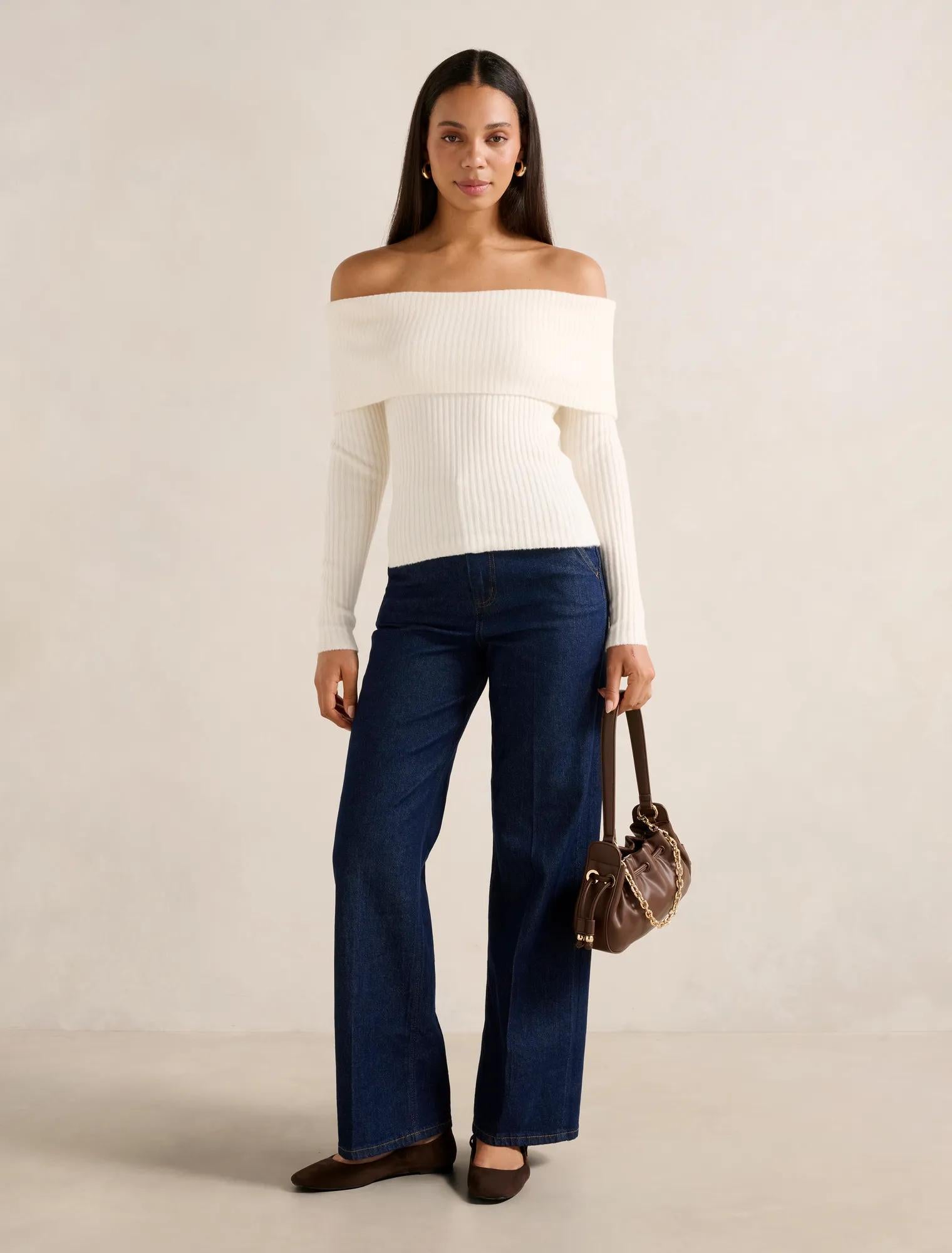 Ashley Ribbed Knit Bardot Top Cream