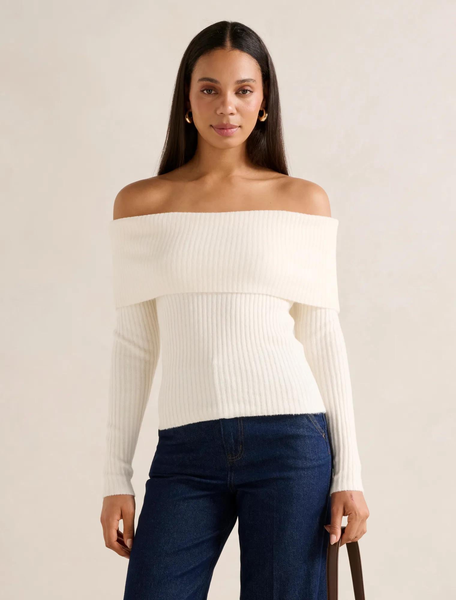 Ashley Ribbed Knit Bardot Top Cream