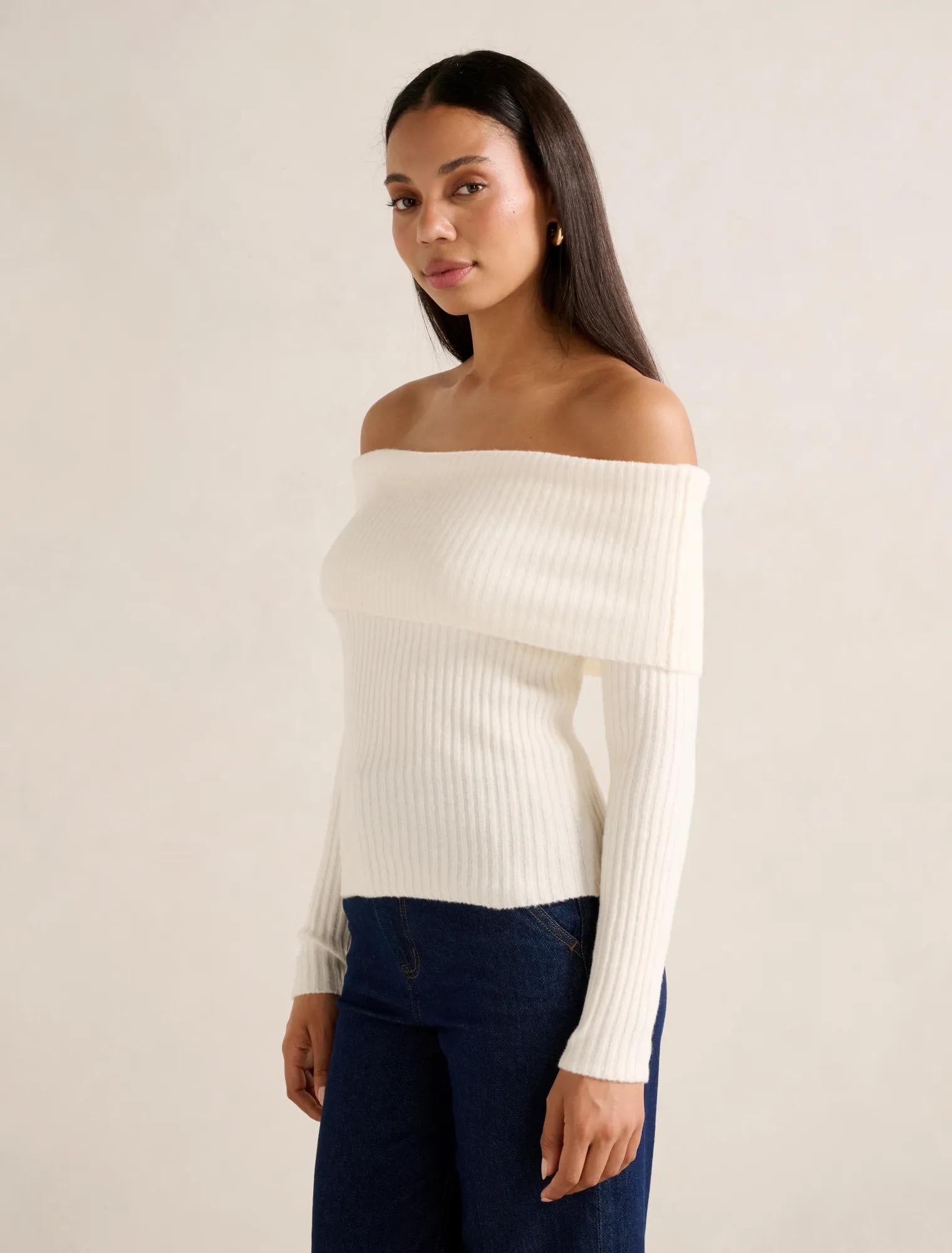 Ashley Ribbed Knit Bardot Top Cream
