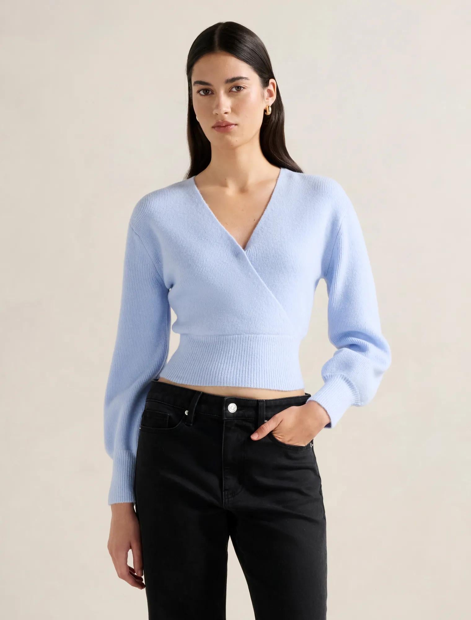 Sloane Wrap Knit Sweater Light Blue