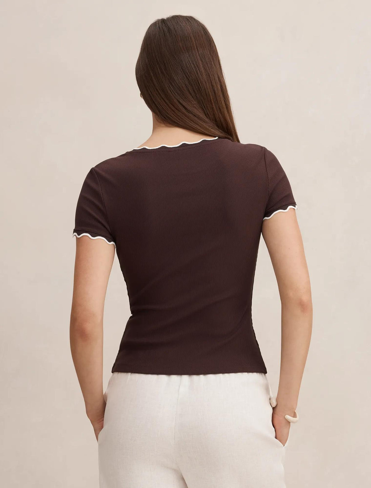 Rebecca Scallop Trim Tee Chocolate/ Porcelain