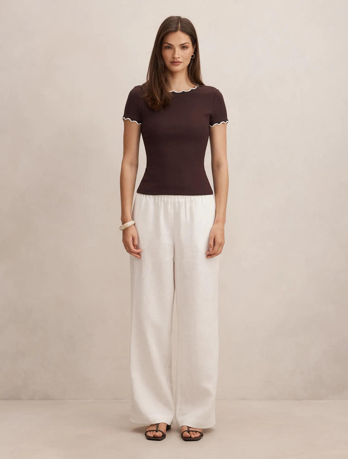 Rebecca Scallop Trim Tee Chocolate/ Porcelain