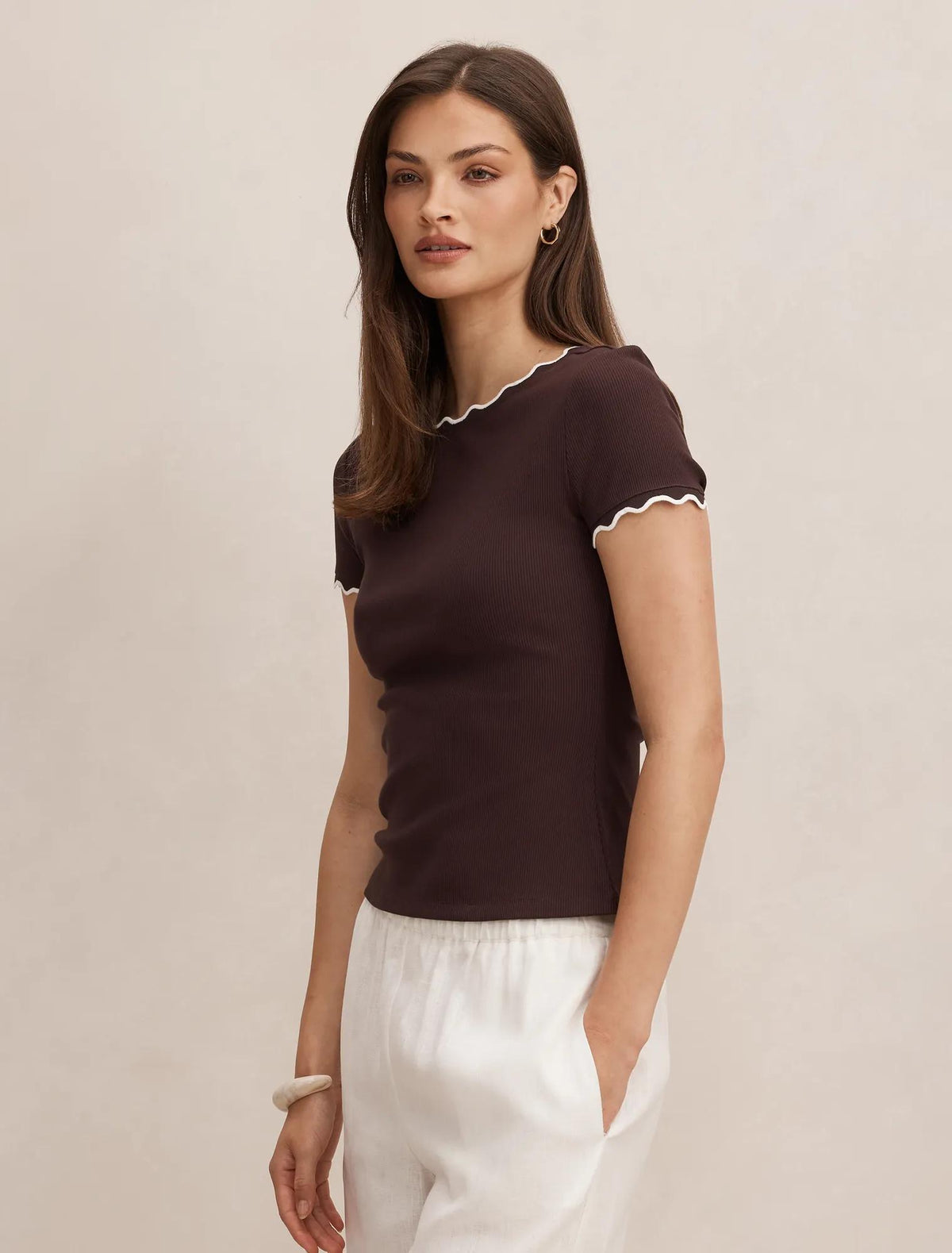 Rebecca Scallop Trim Tee Chocolate/ Porcelain