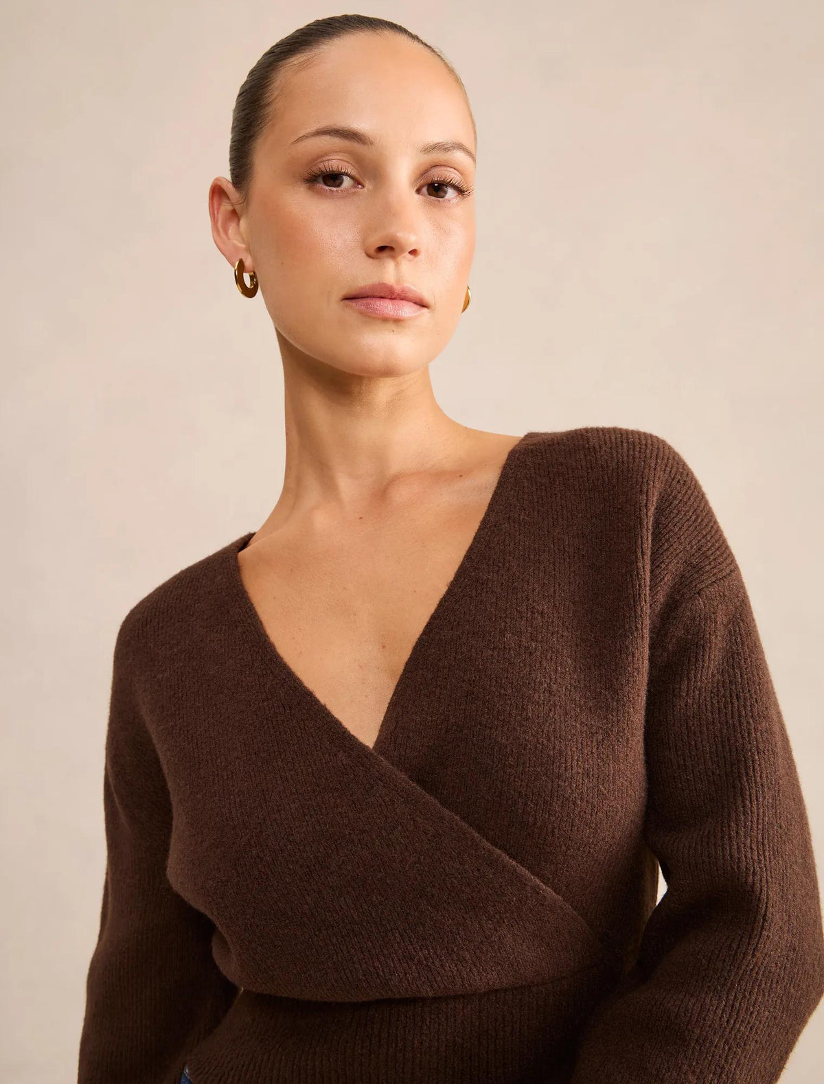 Sloane Petite Wrap Knit Sweater Chocolate