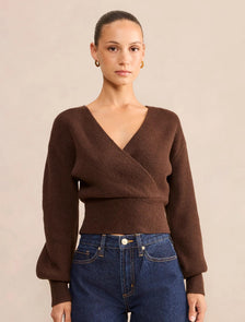 Sloane Petite Wrap Knit Sweater Chocolate