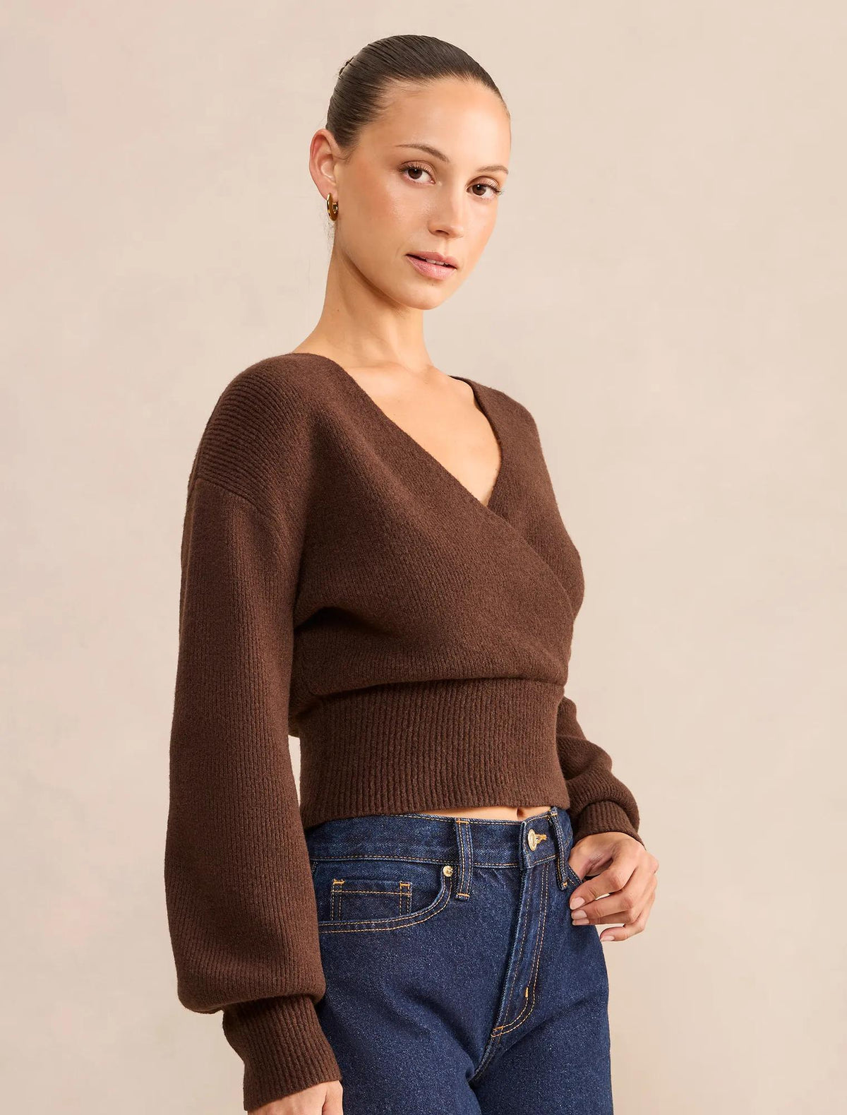 Sloane Petite Wrap Knit Sweater Chocolate