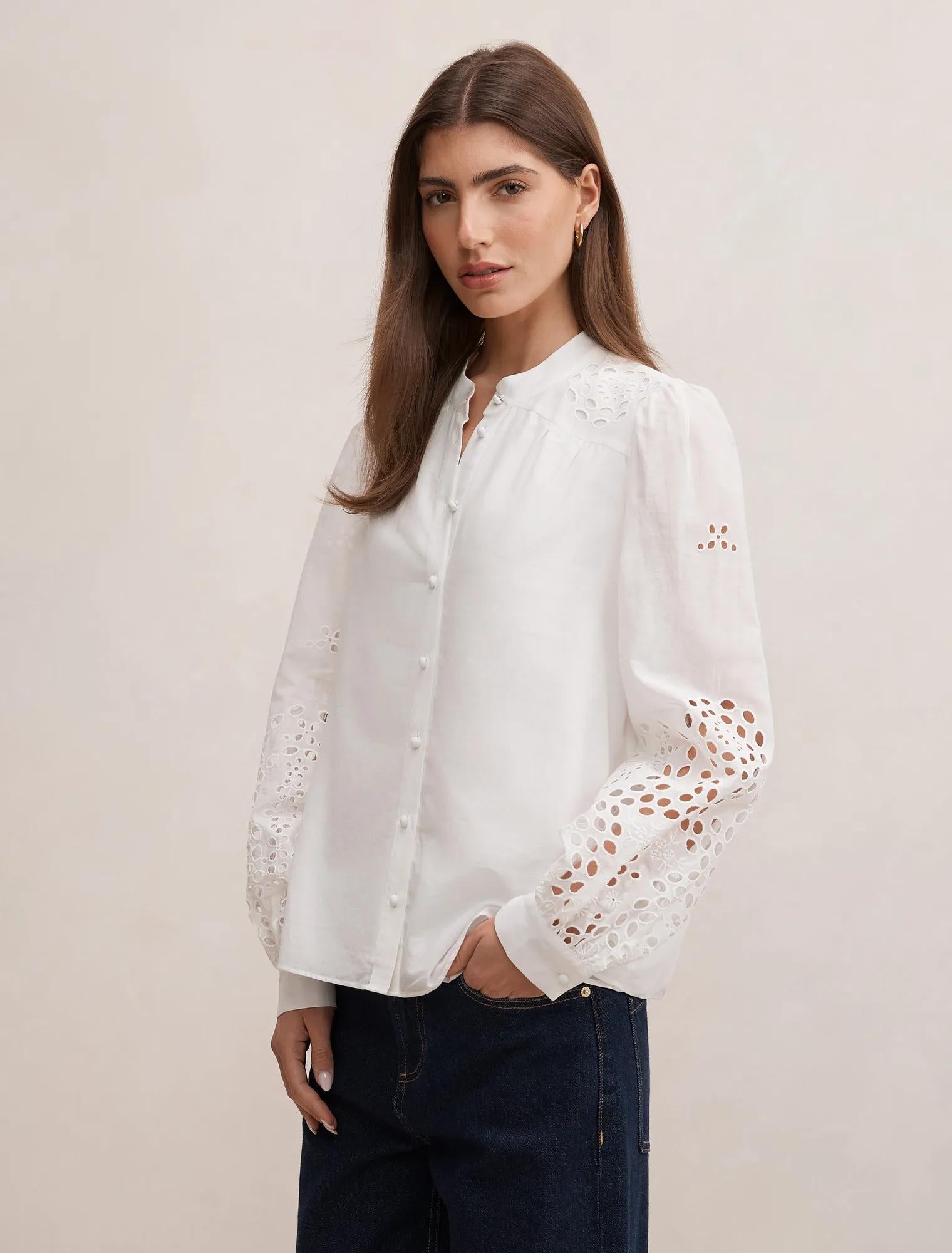 Sutton Embroidered Detail Blouse Porcelain