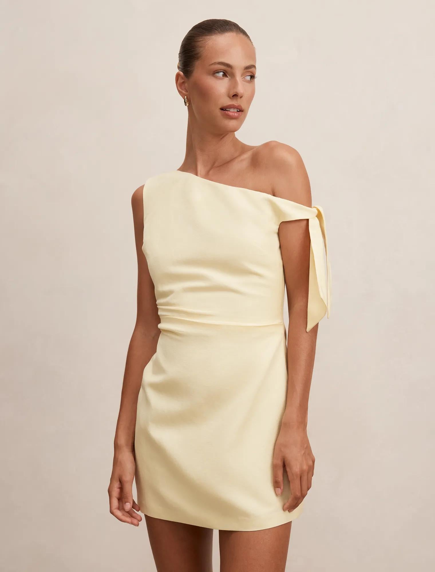 Cinzia Tipped Shoulder Linen Mini Dress Spring Daffodil – Ever New