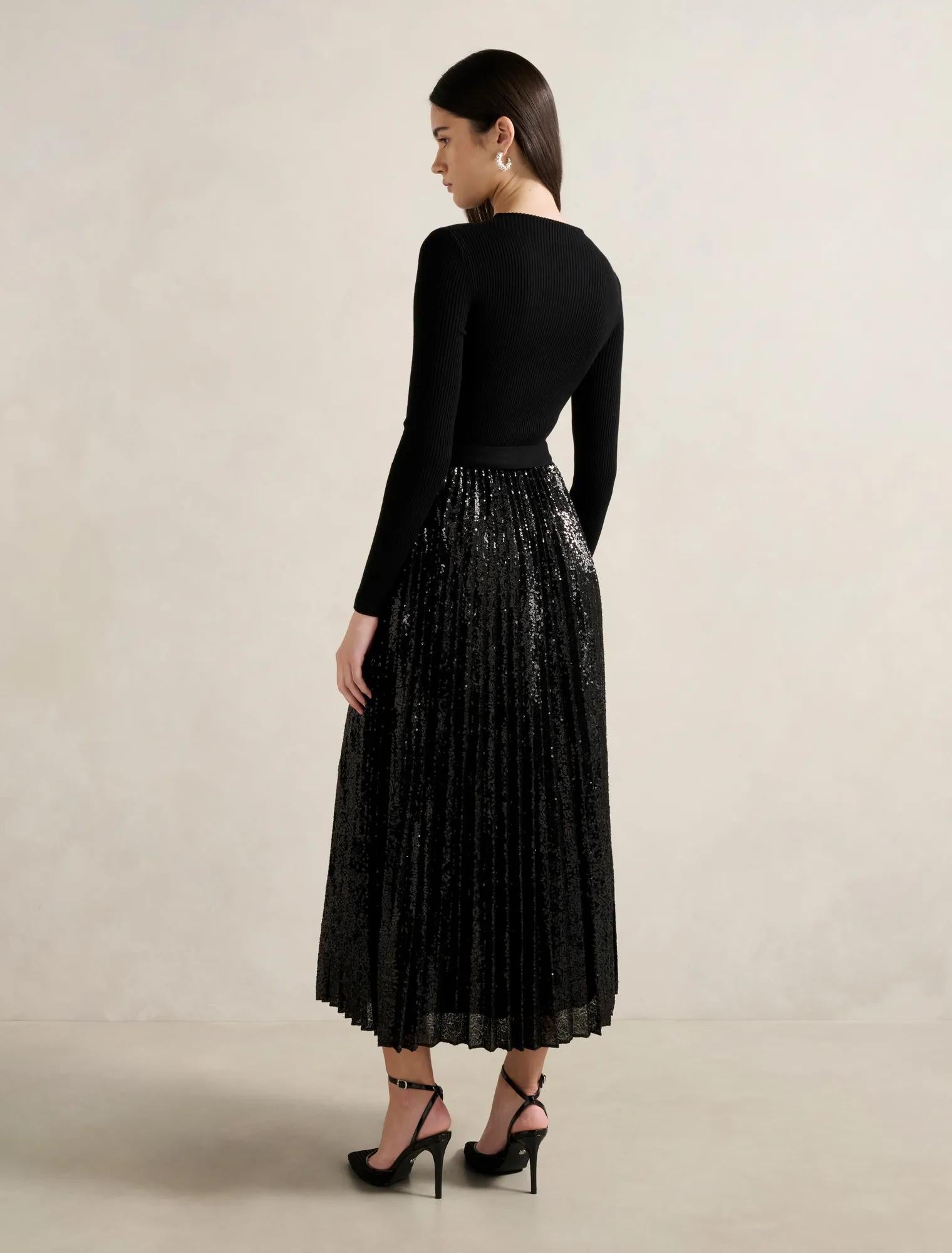Lina Sequin Pleat Knit Dress Black Sequin