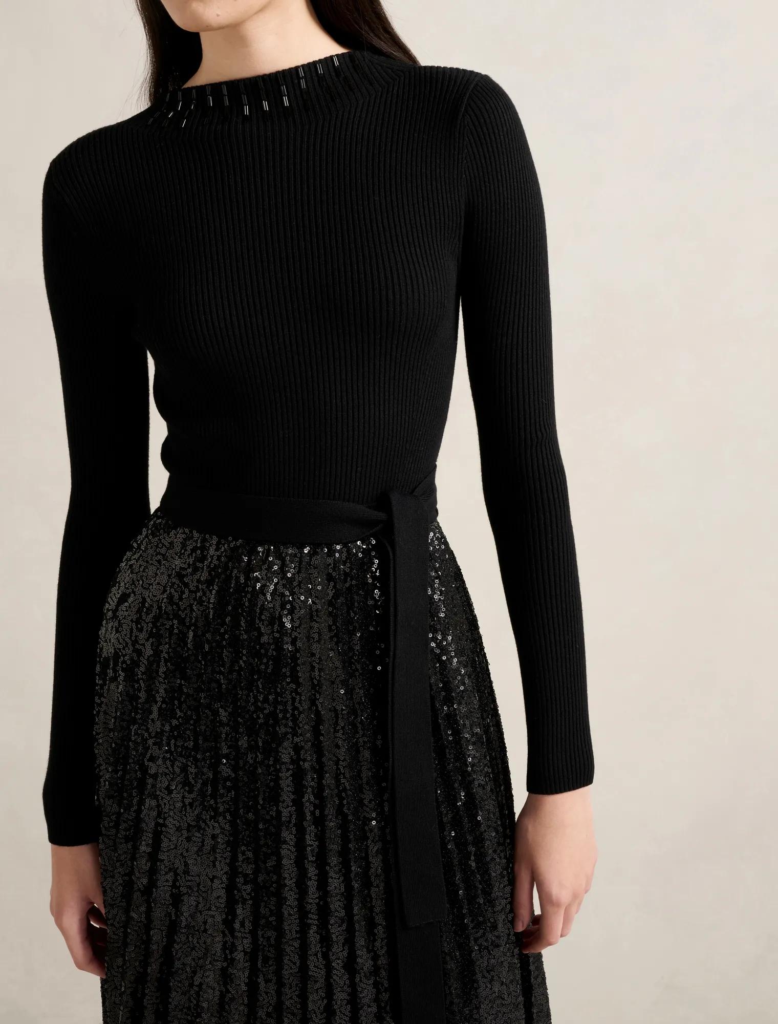 Lina Sequin Pleat Knit Dress Black Sequin