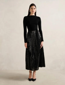 Lina Sequin Pleat Knit Dress Black Sequin