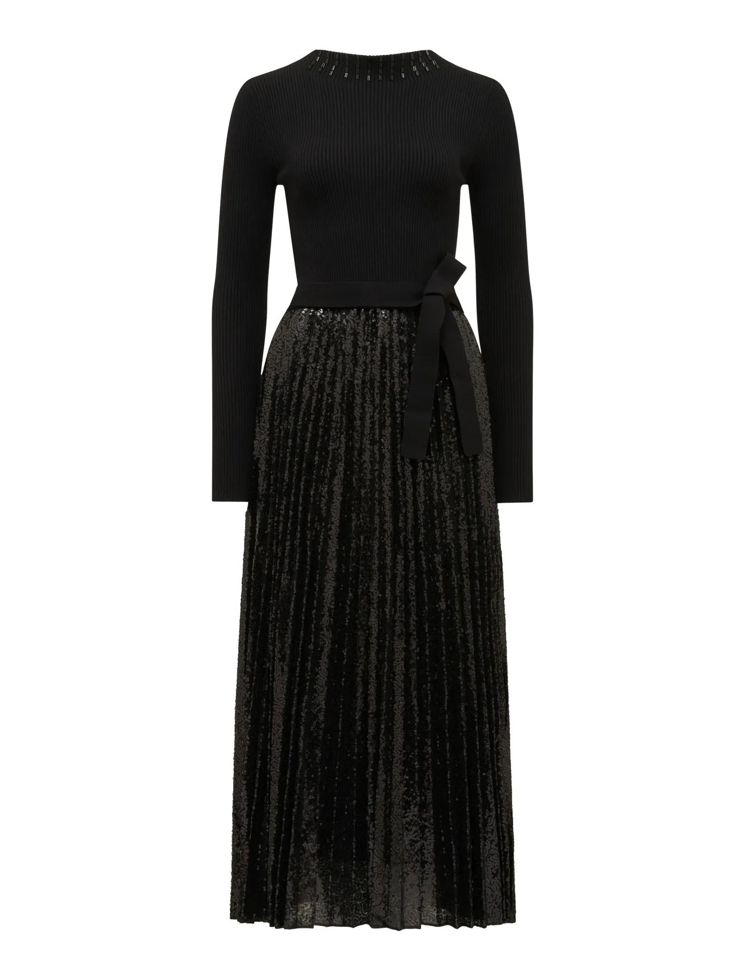 Lina Sequin Pleat Knit Dress Black Sequin_mannequin