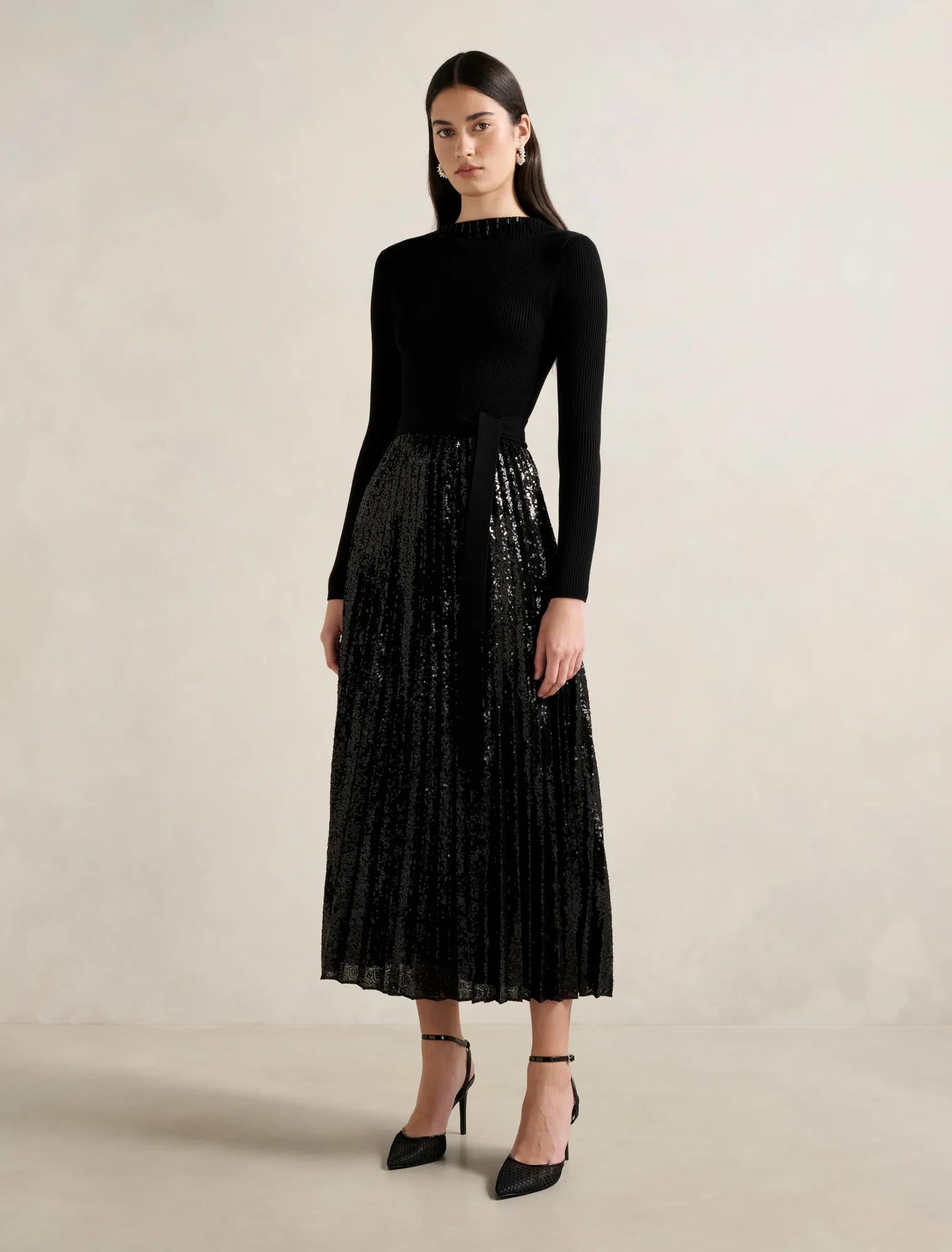 Lina Sequin Pleat Knit Dress Black Sequin