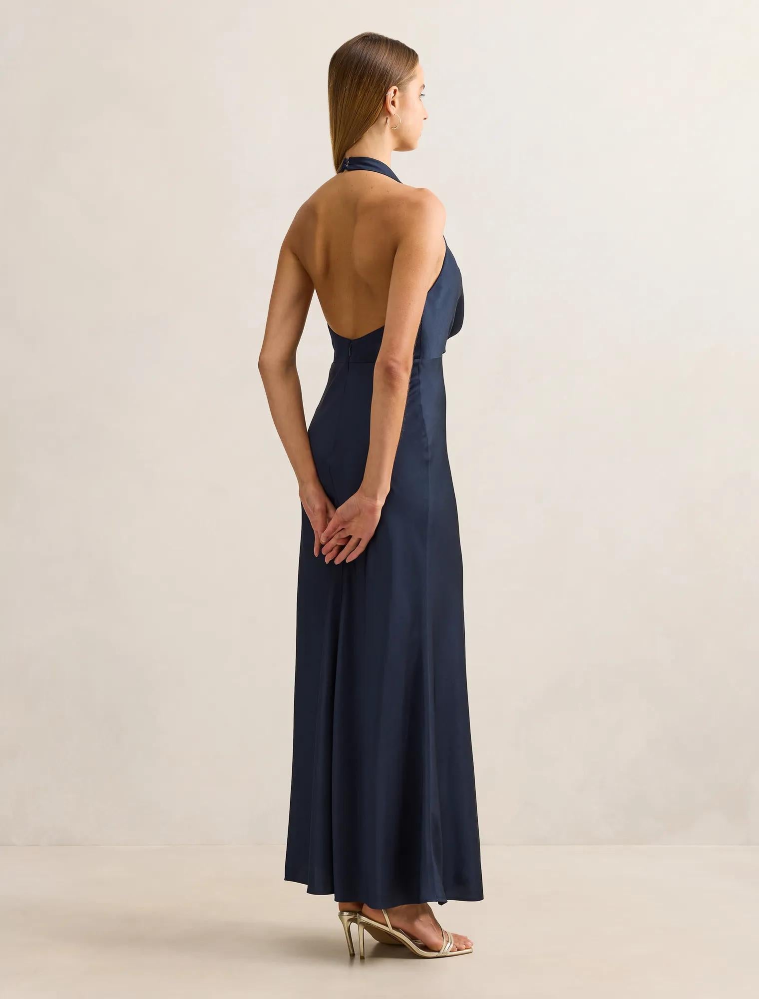 Becca Cowl Halter Satin Gown Navy