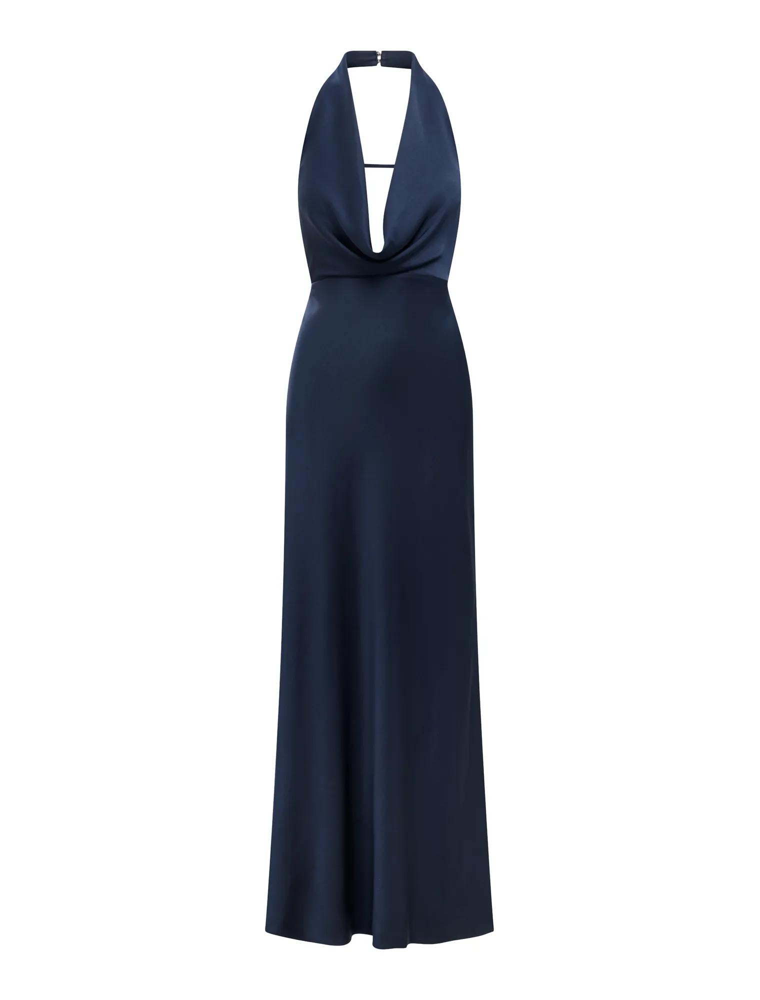 Becca Cowl Halter Satin Gown Navy_mannequin