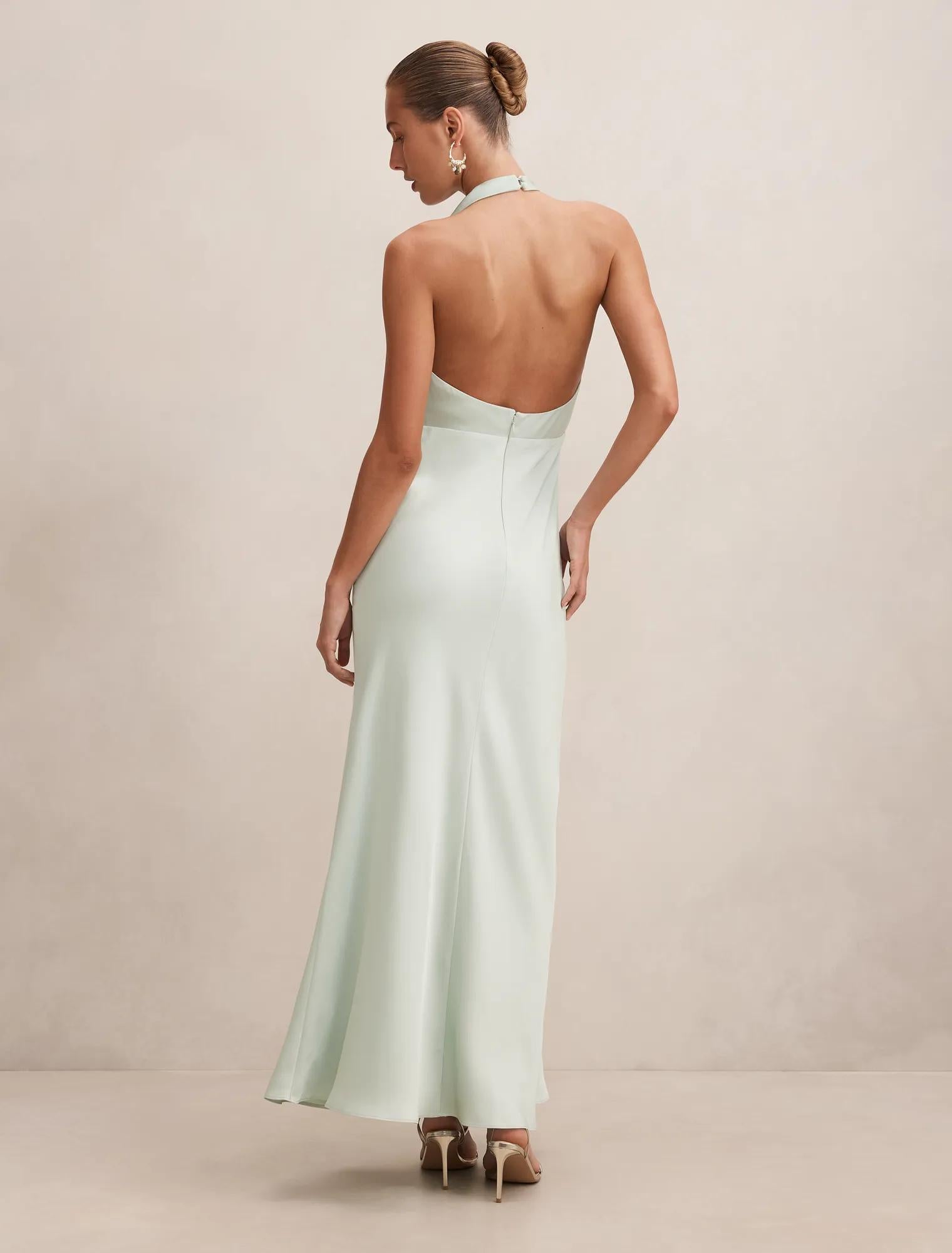 Becca Cowl Halter Satin Gown Dusty Aqua