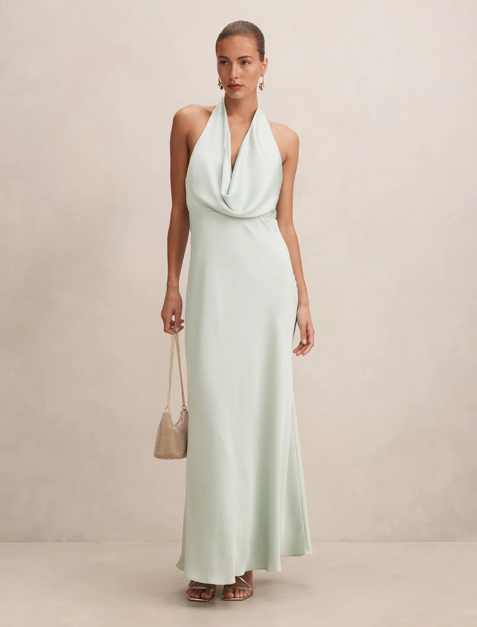 Becca Cowl Halter Satin Gown Dusty Aqua