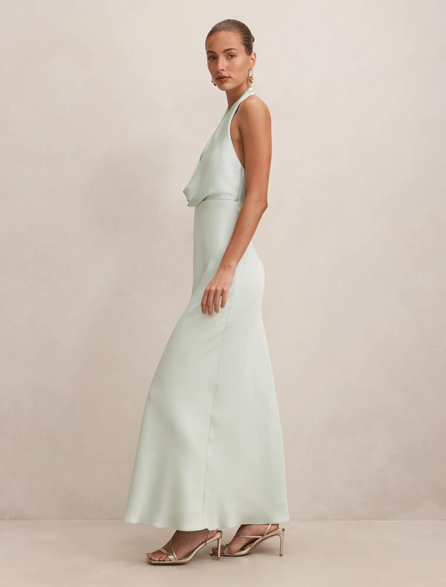 Becca Cowl Halter Satin Gown Dusty Aqua