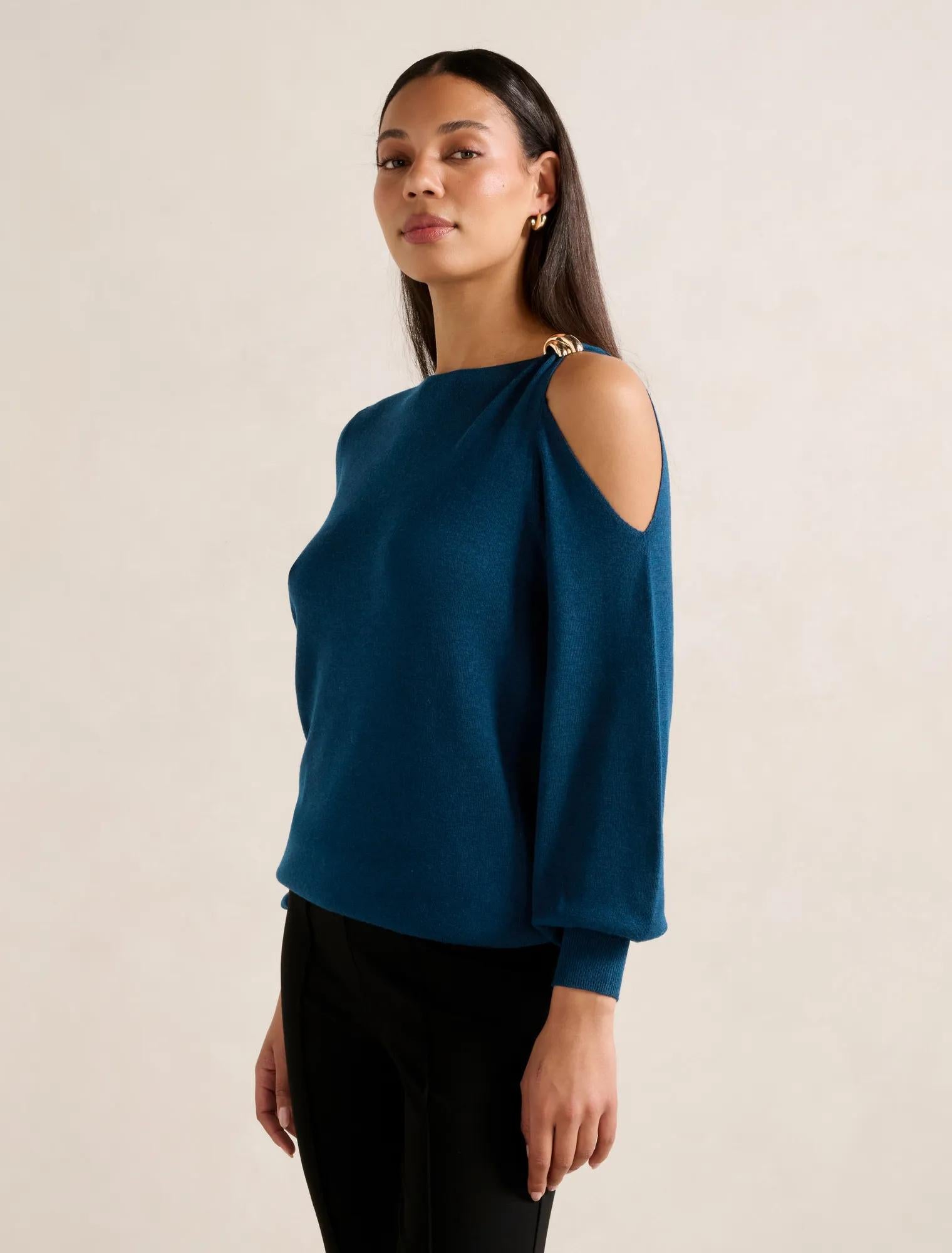 Alessia Cold Shoulder Sweater Petrol Blue