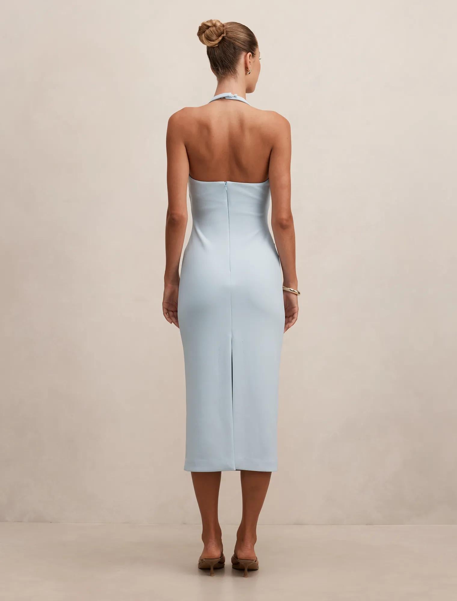 Georgie Halter Ruched Bodycon Dress Soft Blue