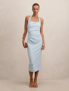 Georgie Halter Ruched Bodycon Dress Soft Blue