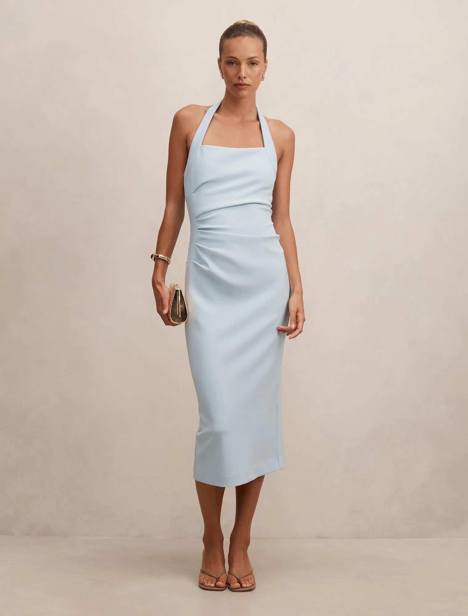 Georgie Halter Ruched Bodycon Dress Soft Blue