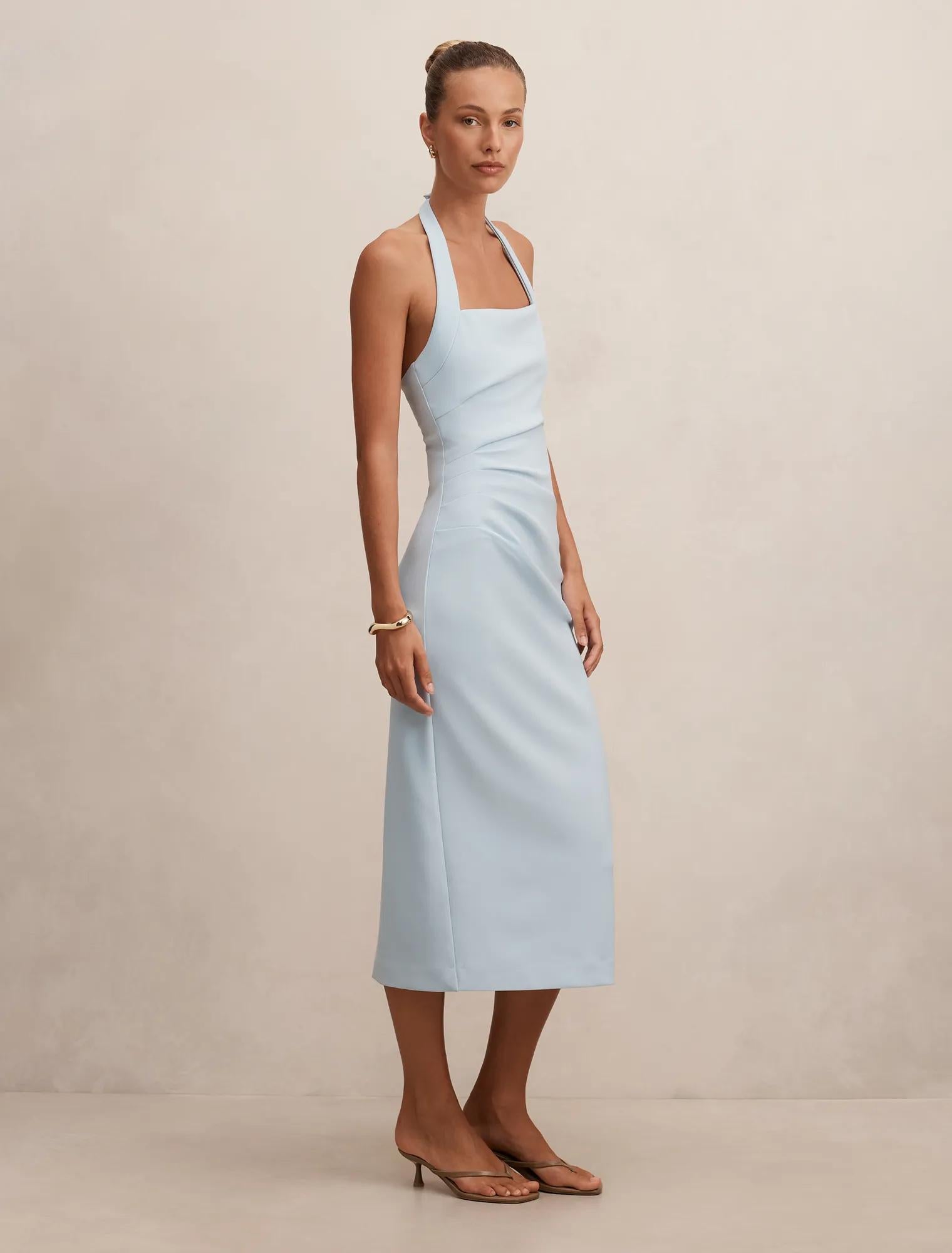 Georgie Halter Ruched Bodycon Dress Soft Blue