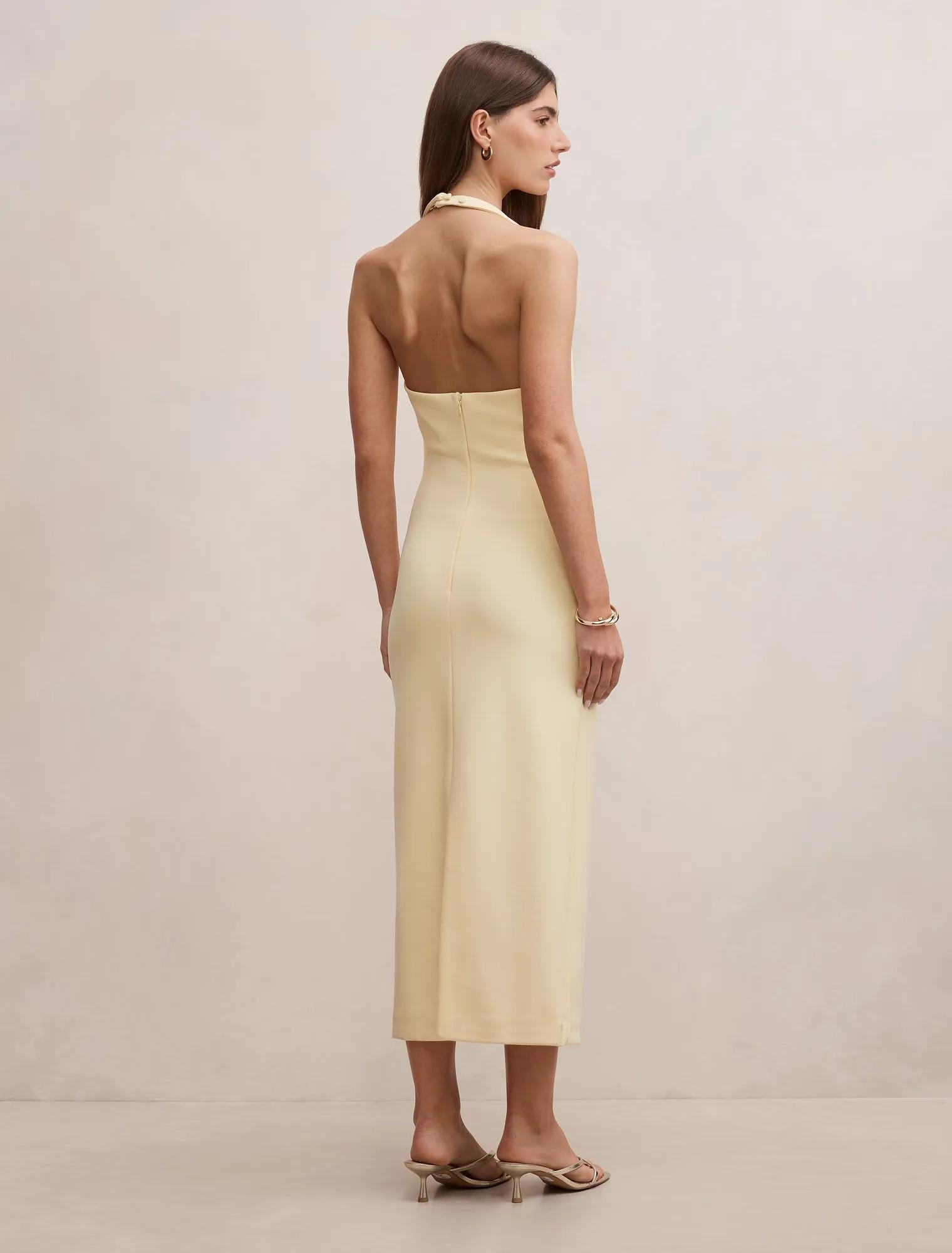 Georgie Halter Ruched Bodycon Dress Soft Yellow