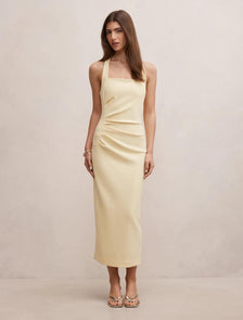 Georgie Halter Ruched Bodycon Dress Soft Yellow