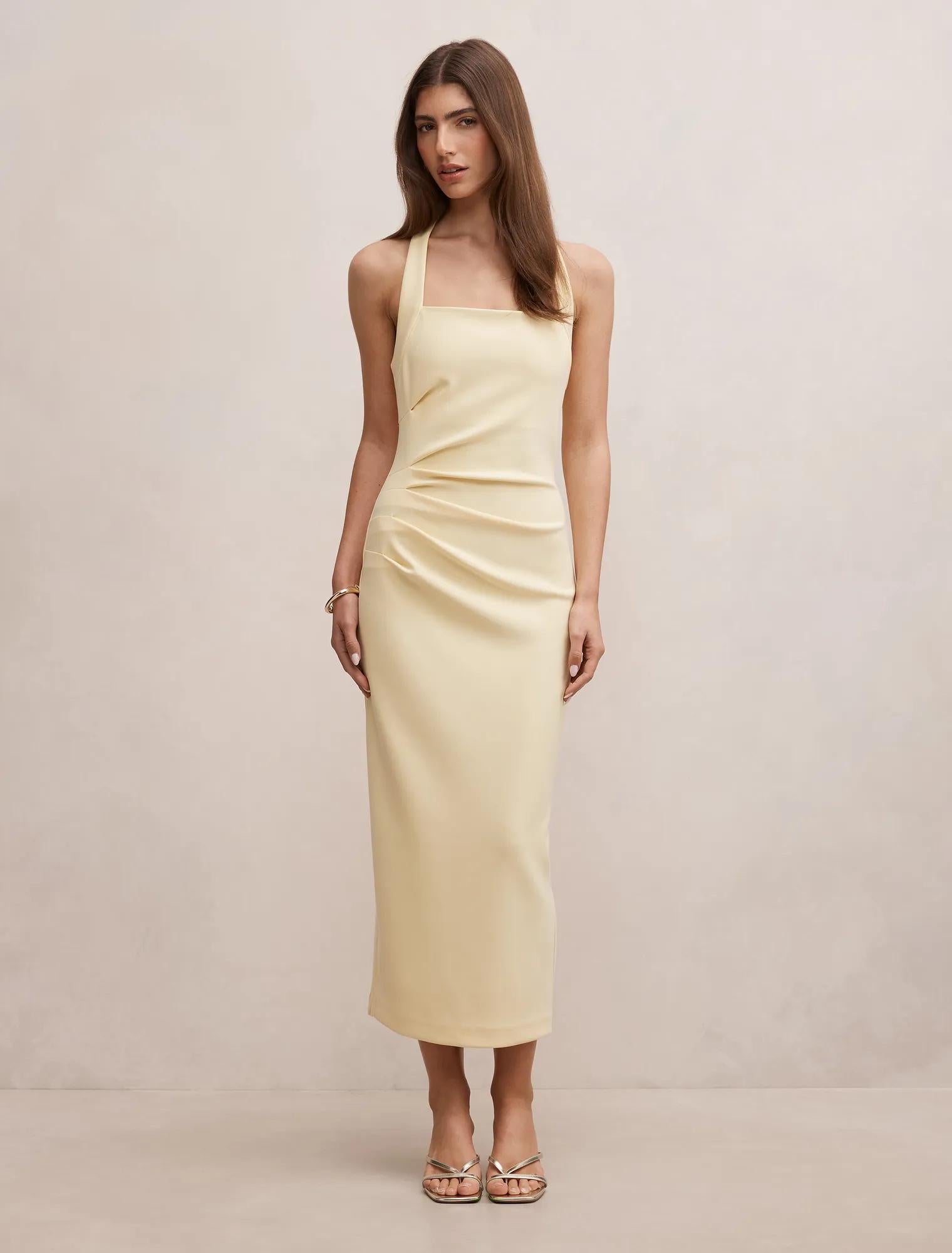 Georgie Halter Ruched Bodycon Dress Soft Yellow