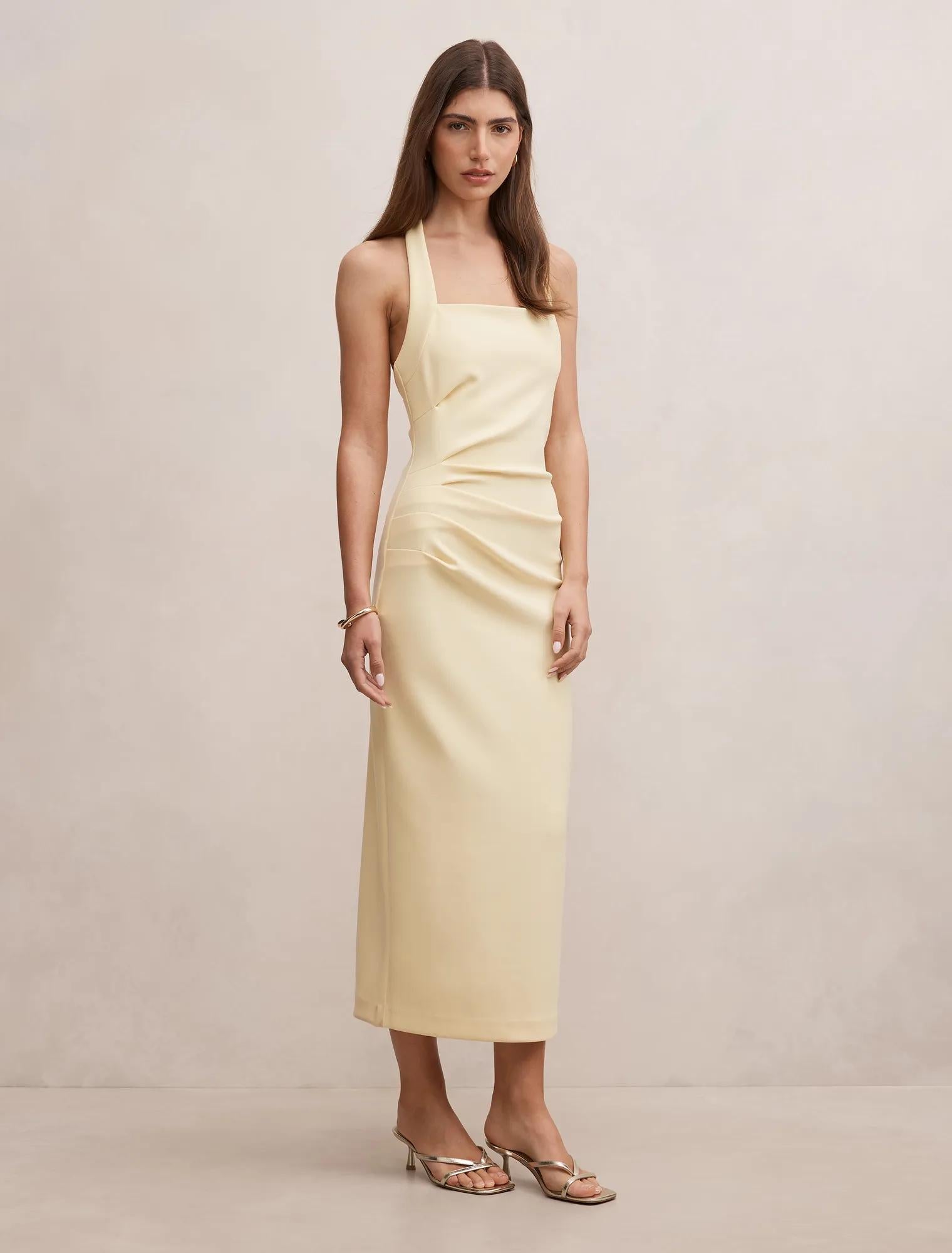 Georgie Halter Ruched Bodycon Dress Soft Yellow