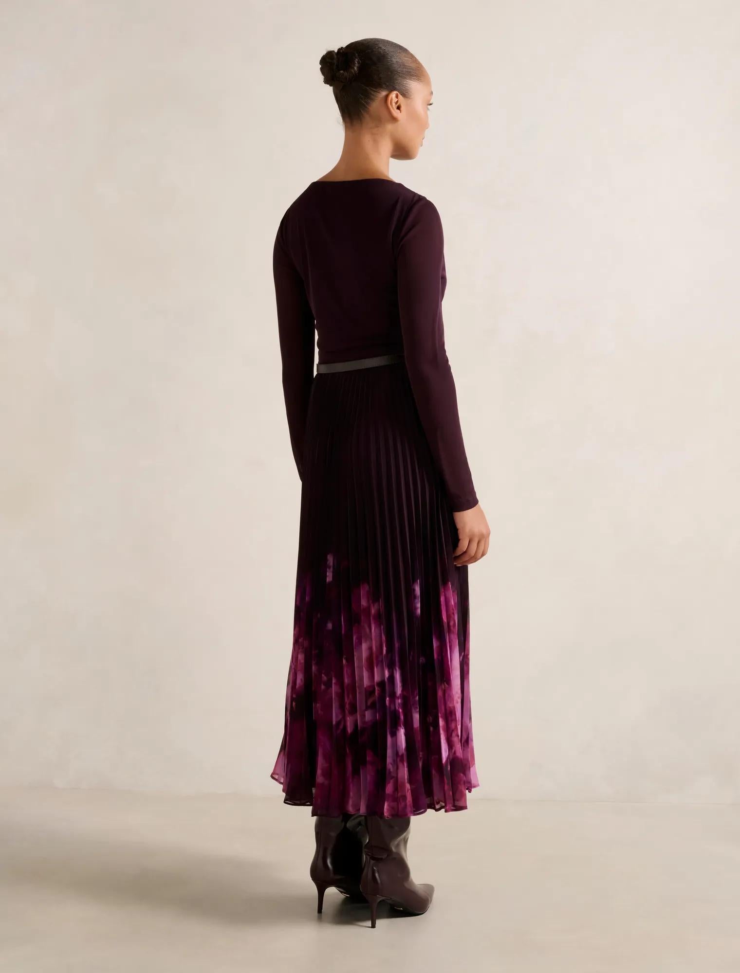 Adelina 2-in-1 Pleat Midi Dress Plum Mae Abstract