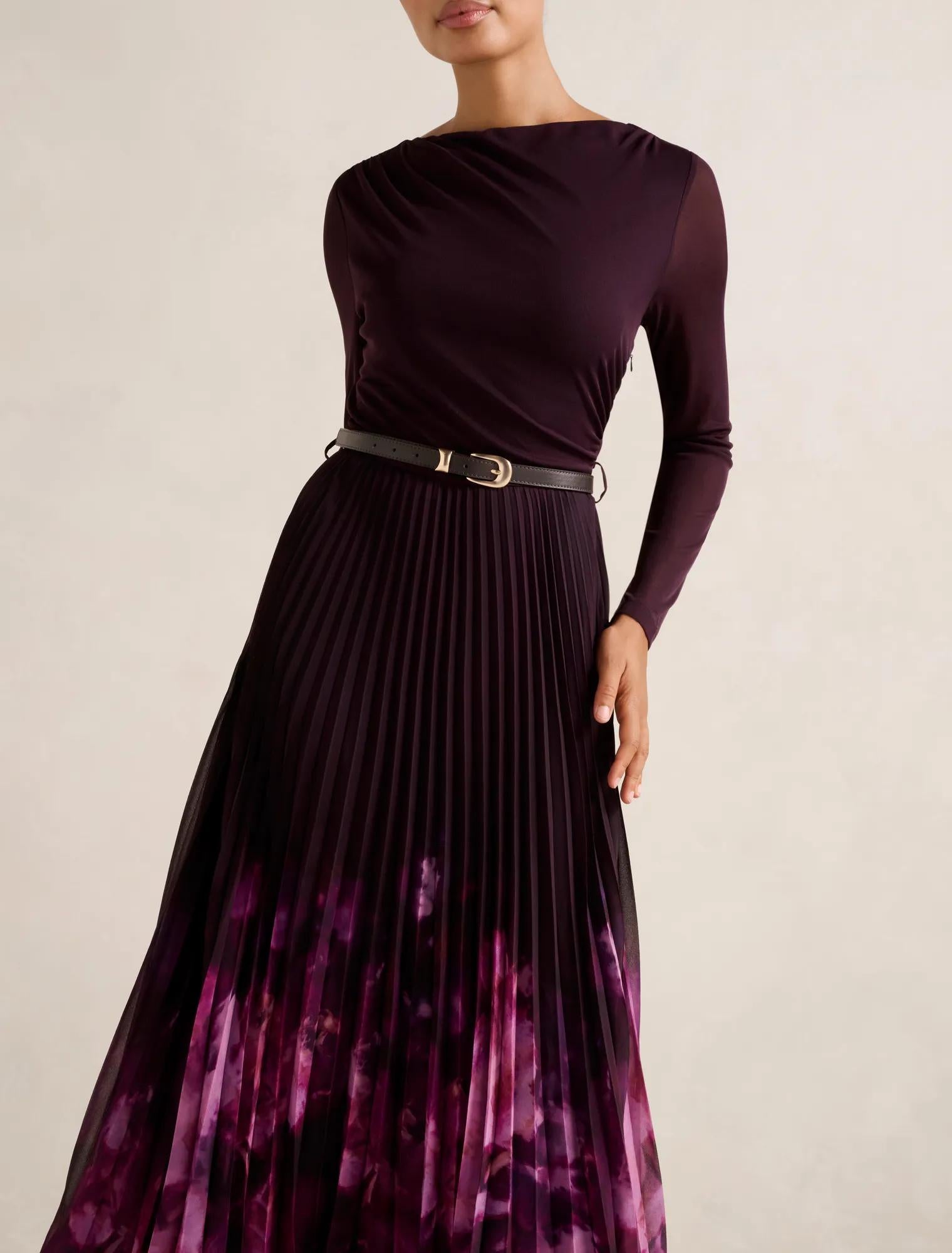 Adelina 2-in-1 Pleat Midi Dress Plum Mae Abstract