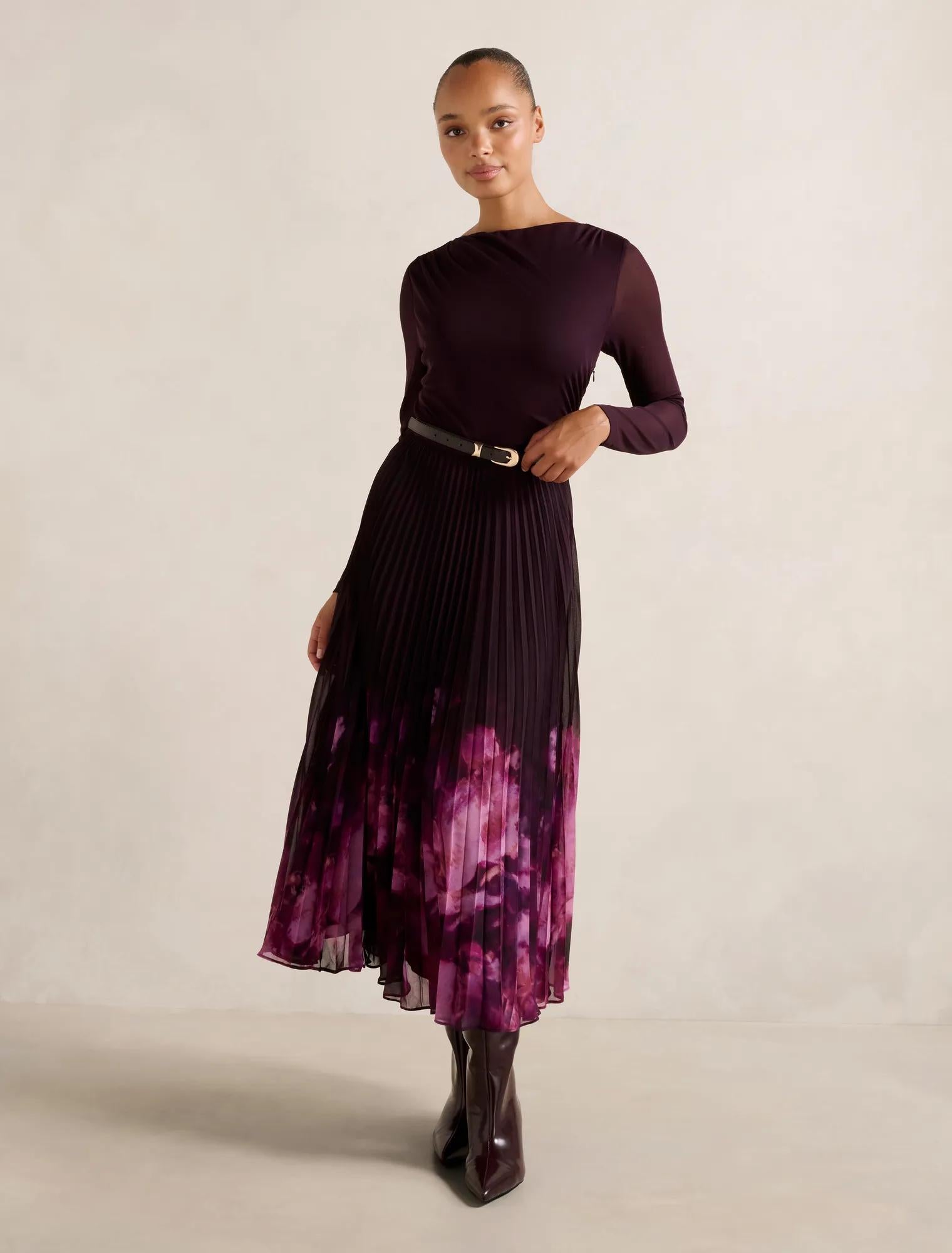 Adelina 2-in-1 Pleat Midi Dress Plum Mae Abstract