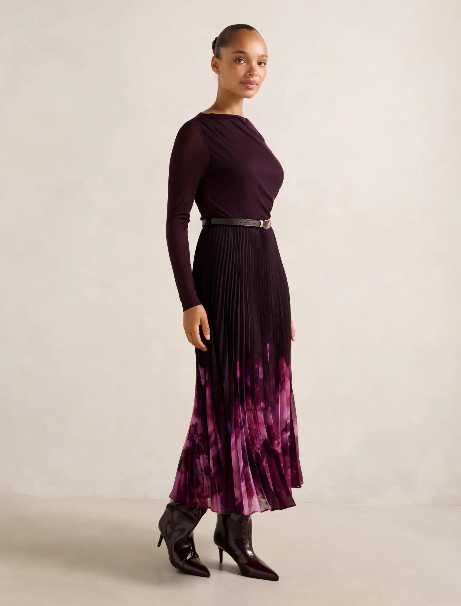 Adelina 2-in-1 Pleat Midi Dress Plum Mae Abstract
