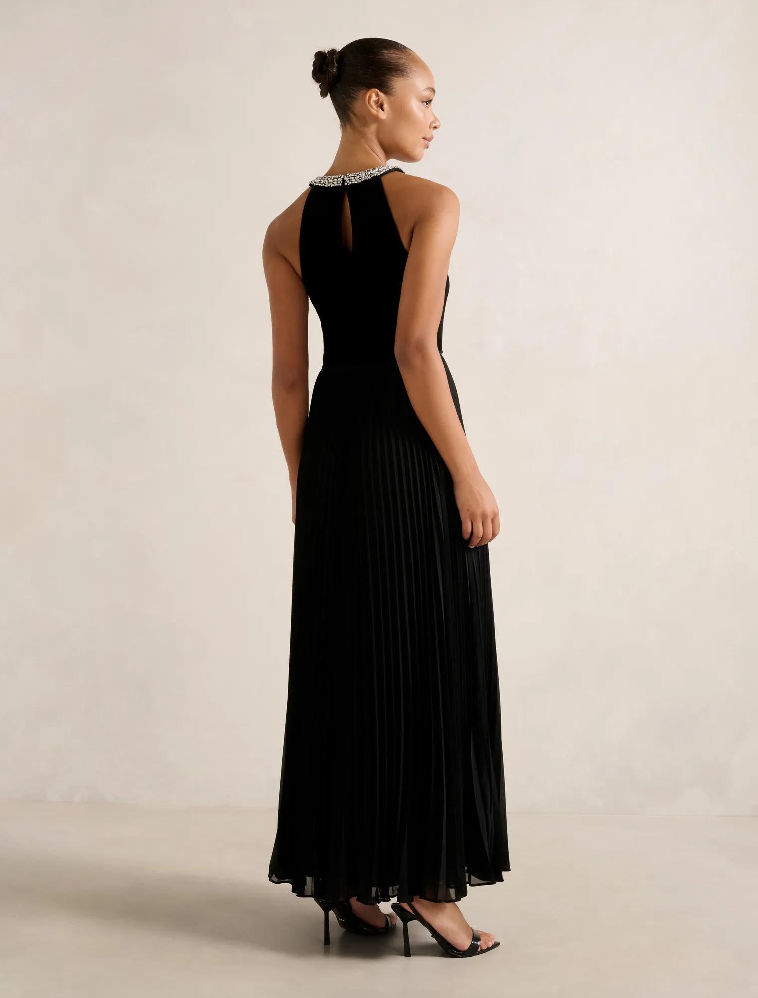 Gwen Halter Neck Pleat Midi Dress Black