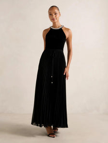 Gwen Halter Neck Pleat Midi Dress Black