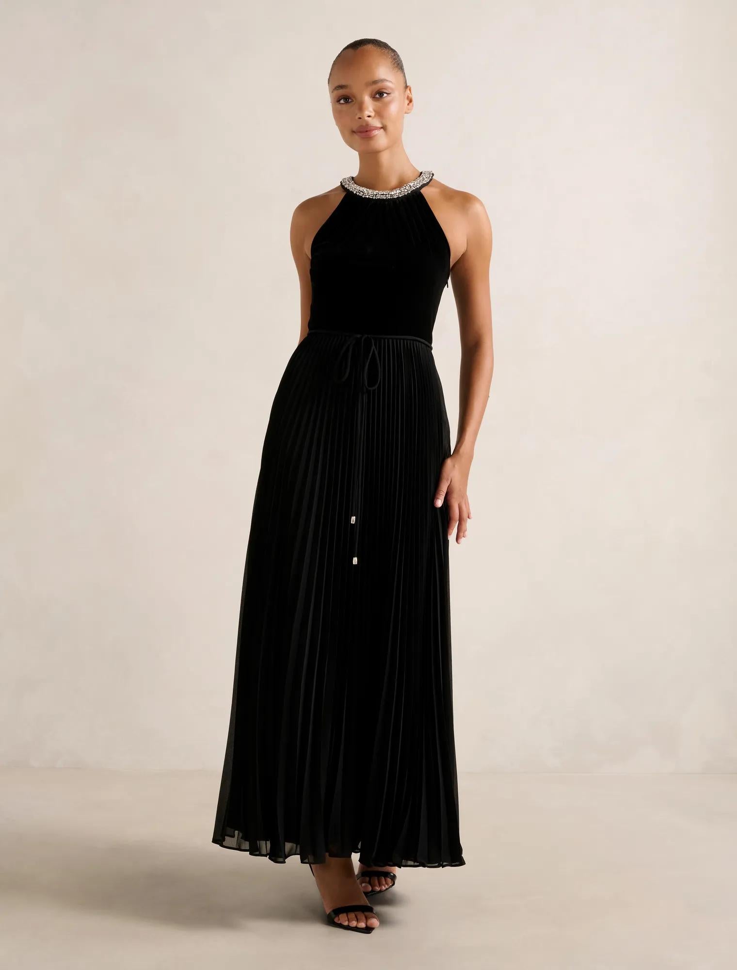 Gwen Halter Neck Pleat Midi Dress Black