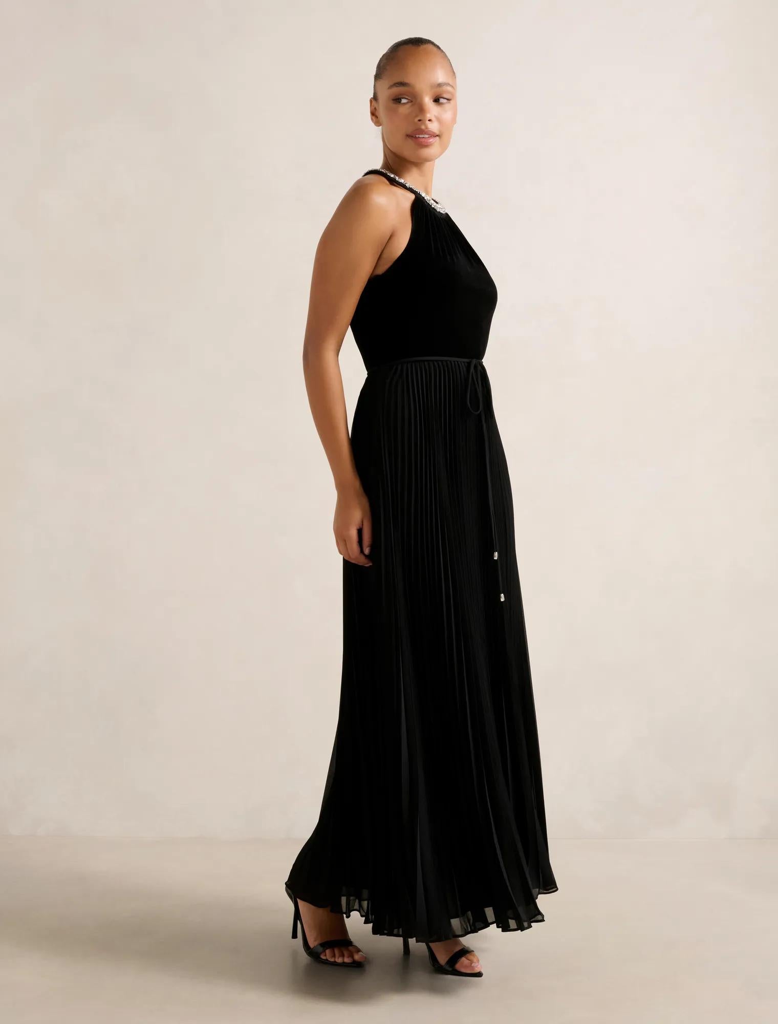 Gwen Halter Neck Pleat Midi Dress Black