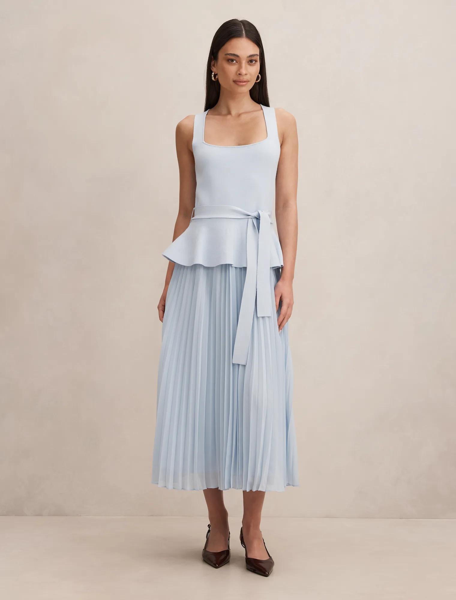 Peony Pleat Mixed Dress Cornflower Blue